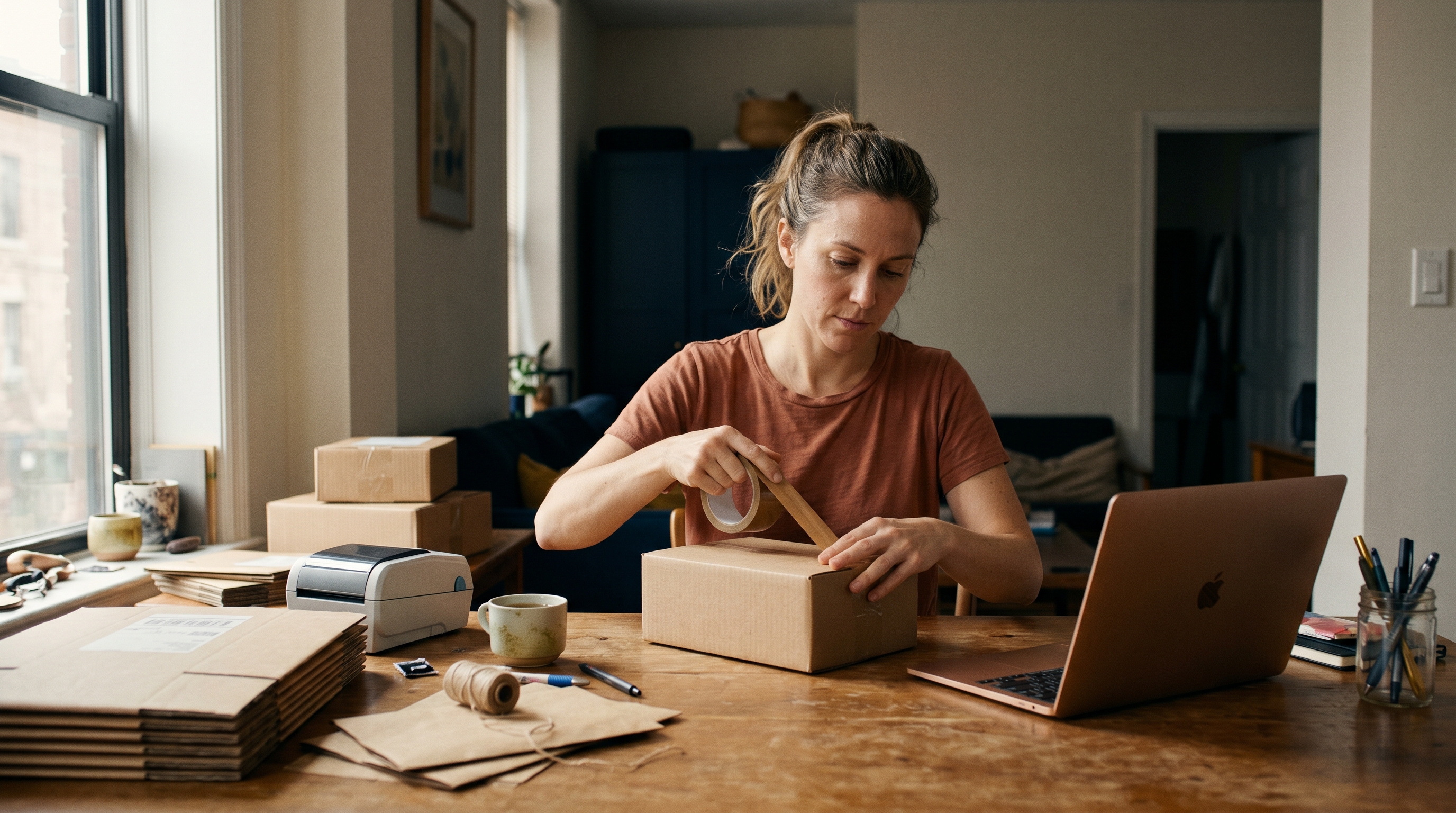 Solo business owner packing a customer order at a kitchen table with a laptop open beside shipping supplies