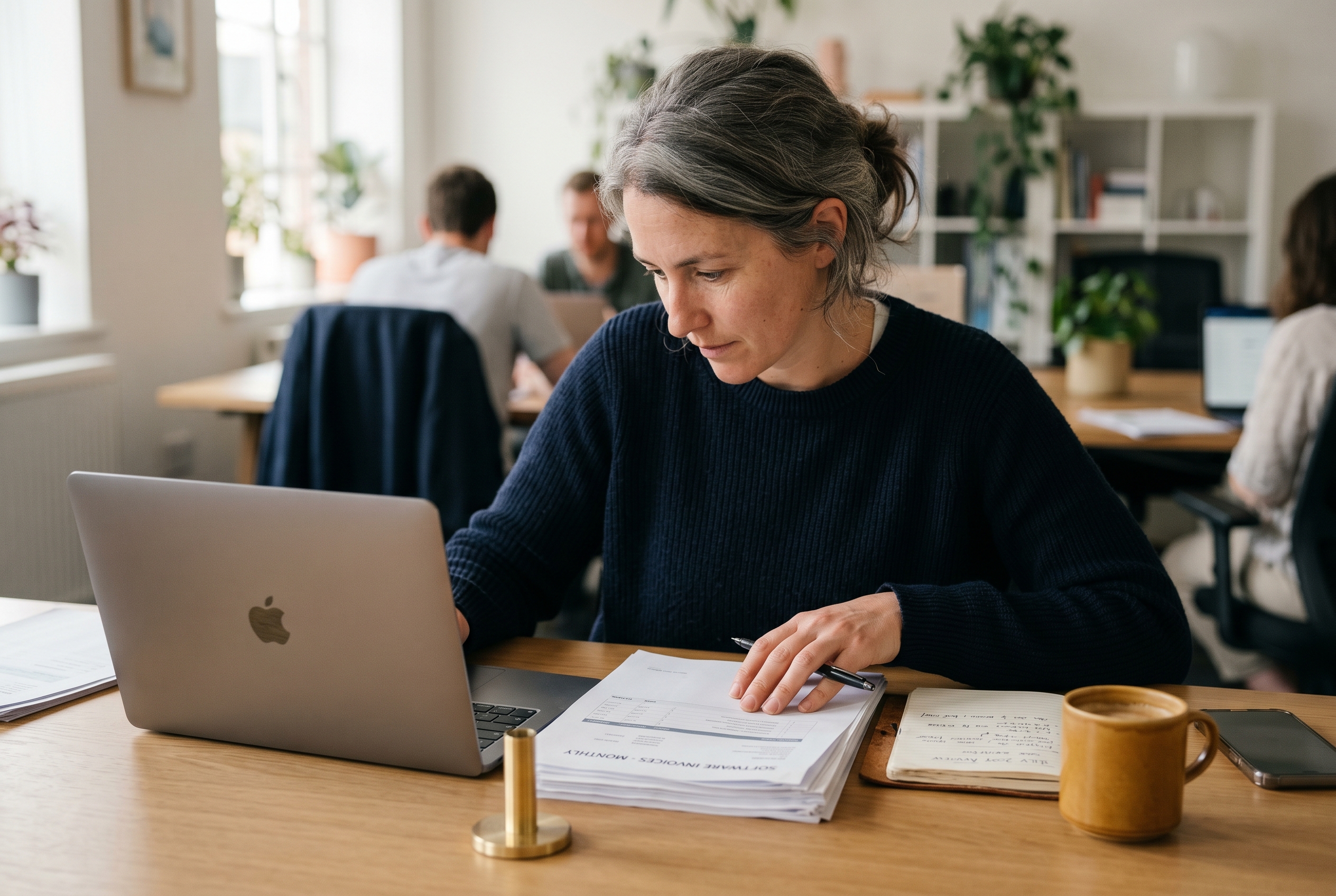 Founder reviewing a stack of monthly software invoices on a laptop at a desk with coffee and a notebook