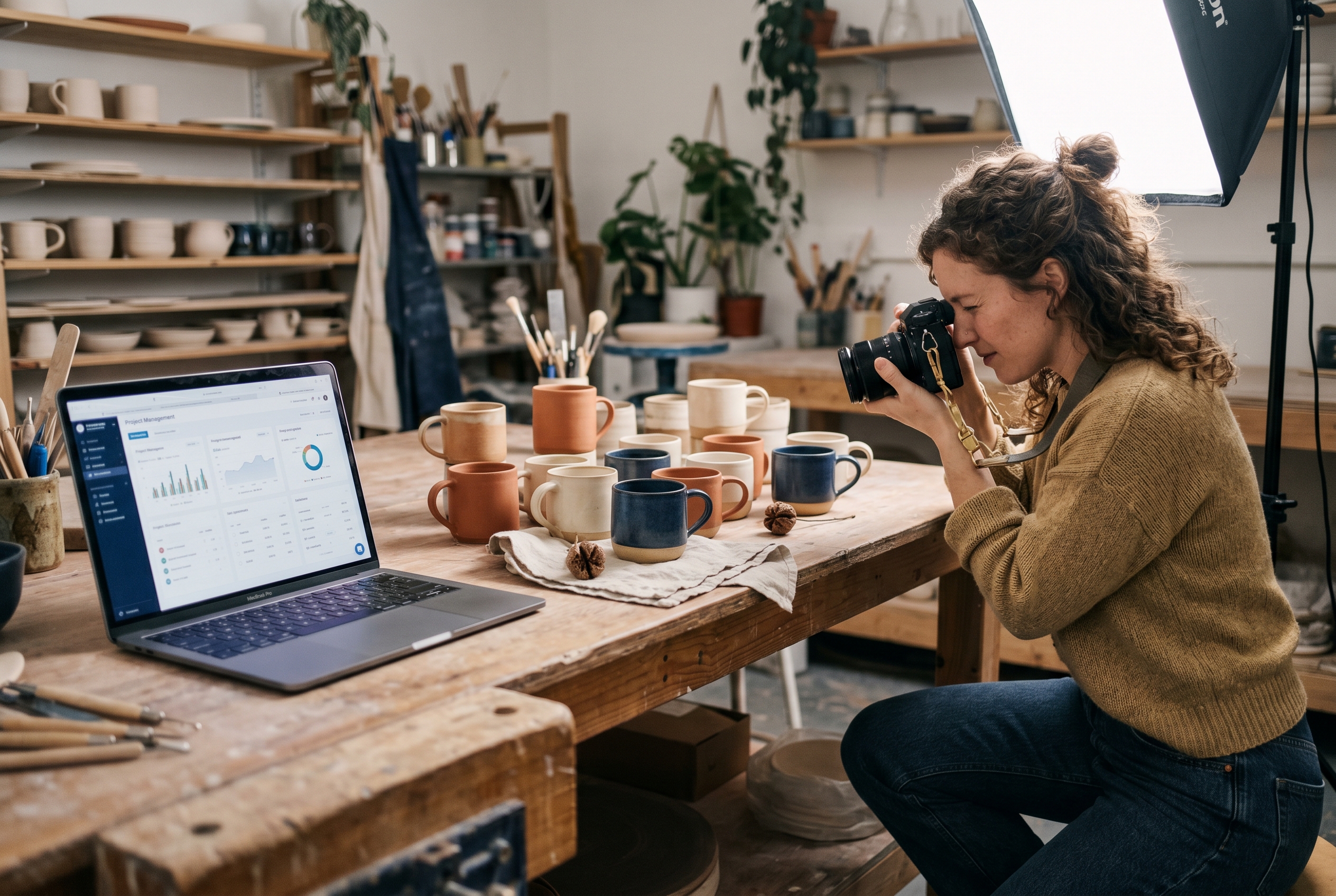 Small business owner photographing handmade ceramic mugs on a wooden table under a softbox light