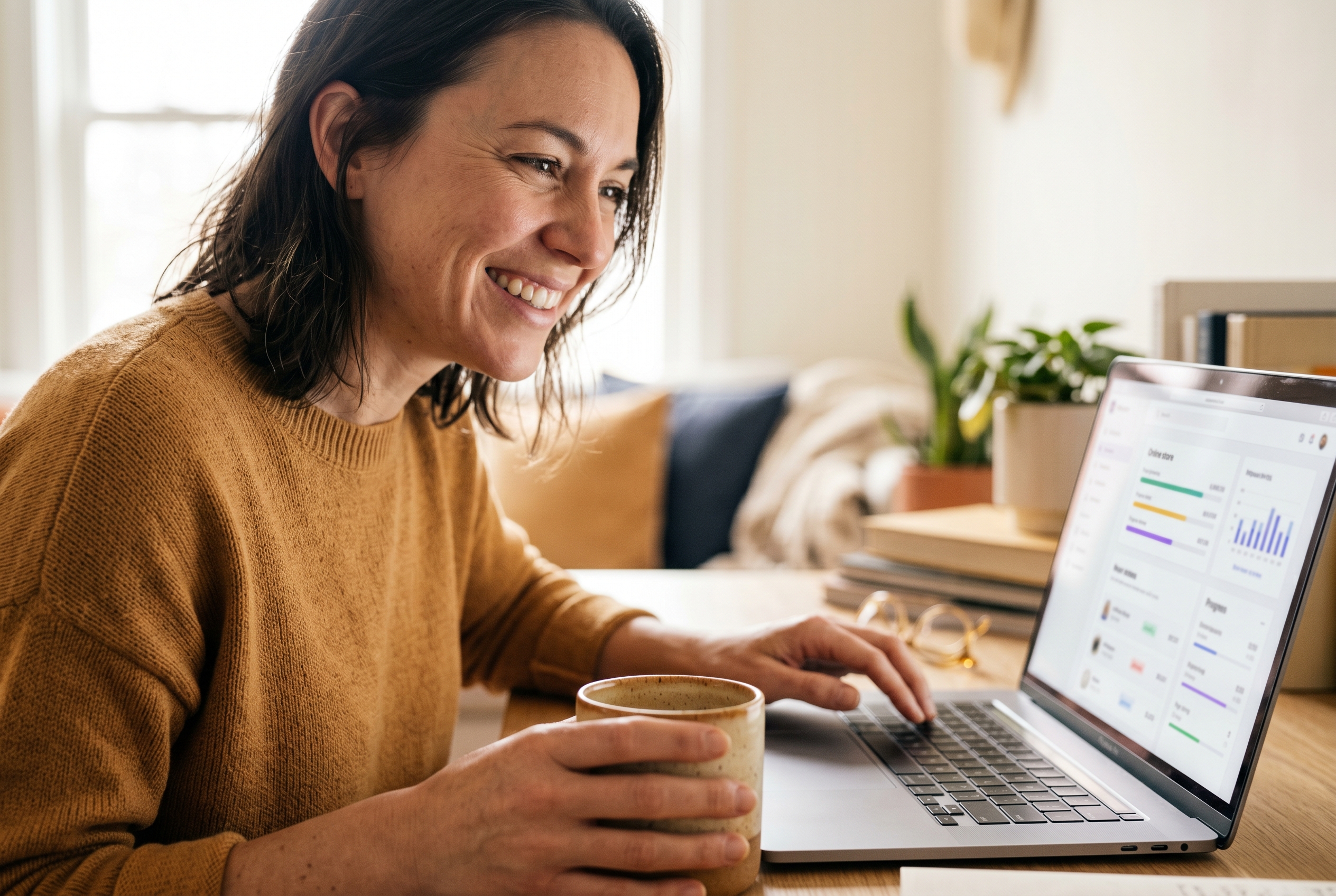 Woman working alone in a bright home office launching her online store on a laptop with a happy expression