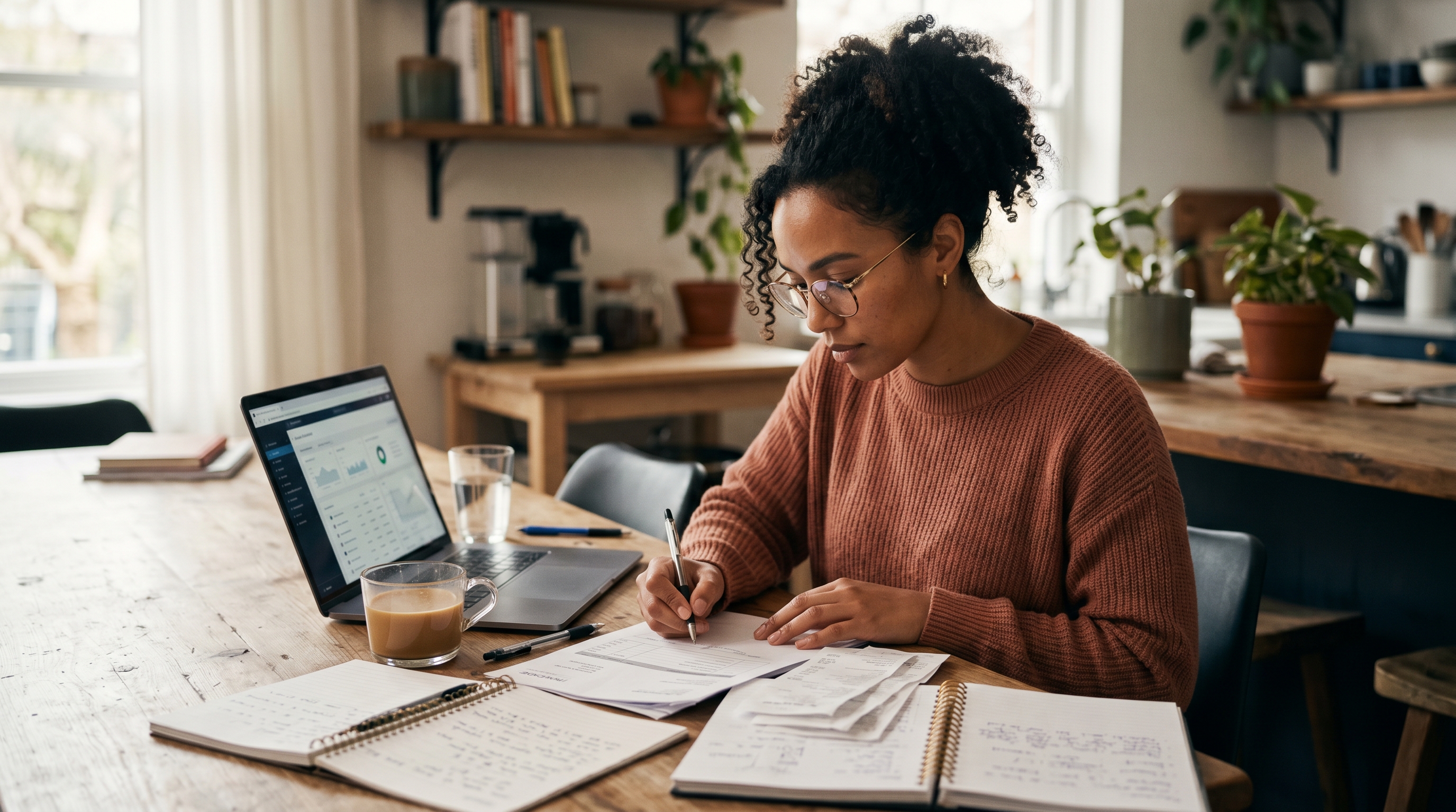 Small business owner reviewing invoices and a laptop at a kitchen table with coffee and notebooks spread out