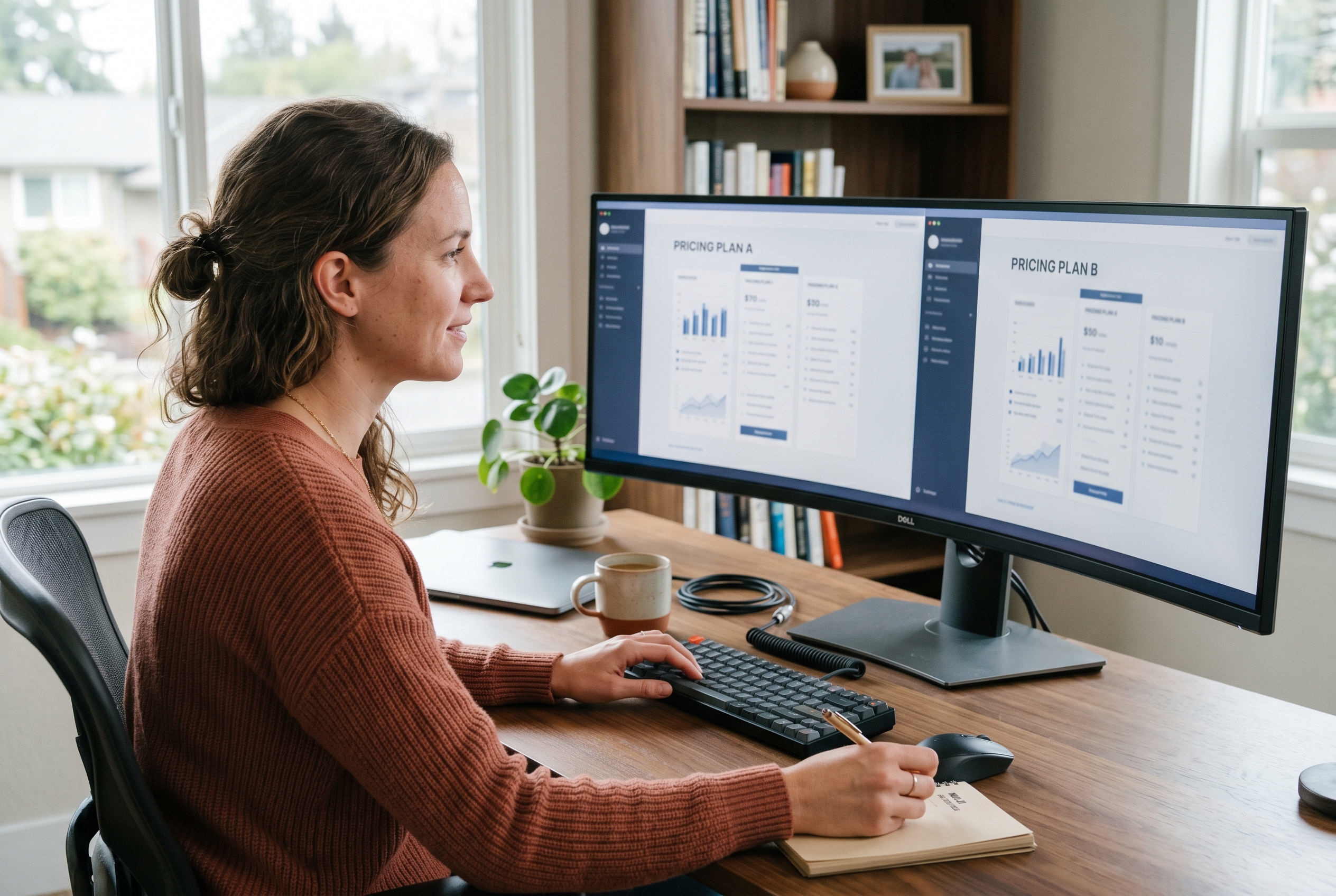 Founder comparing pricing pages on two browser windows on a wide monitor in a bright home office
