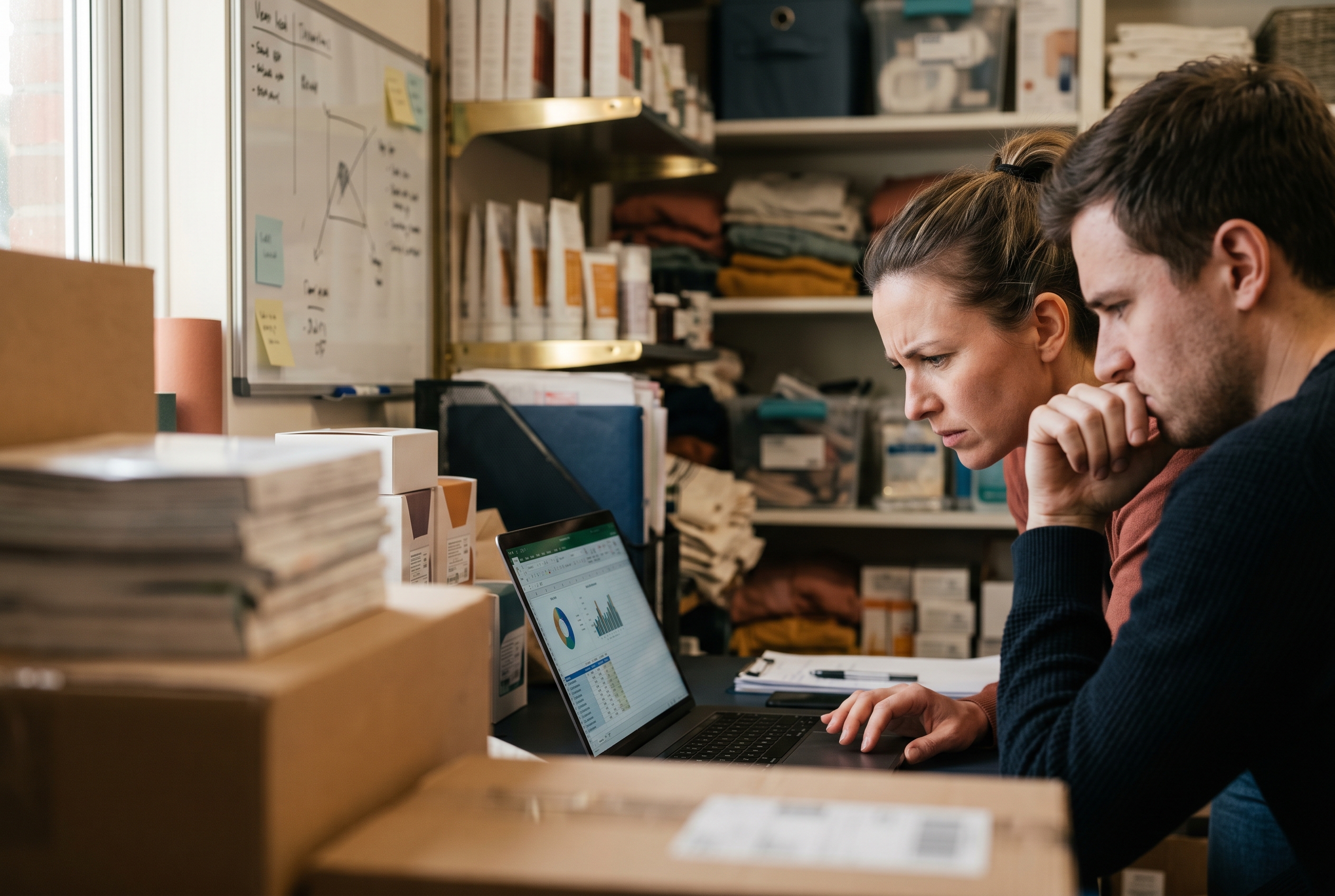 Two business partners frowning at a spreadsheet of subscription charges on a laptop in a small shop backroom