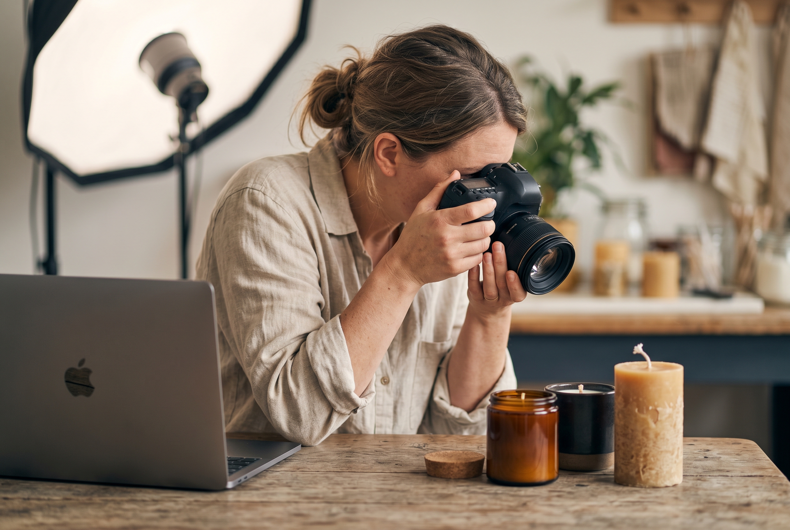 Maker photographing handmade candles on a wooden table with a softbox light and a laptop showing her store nearby