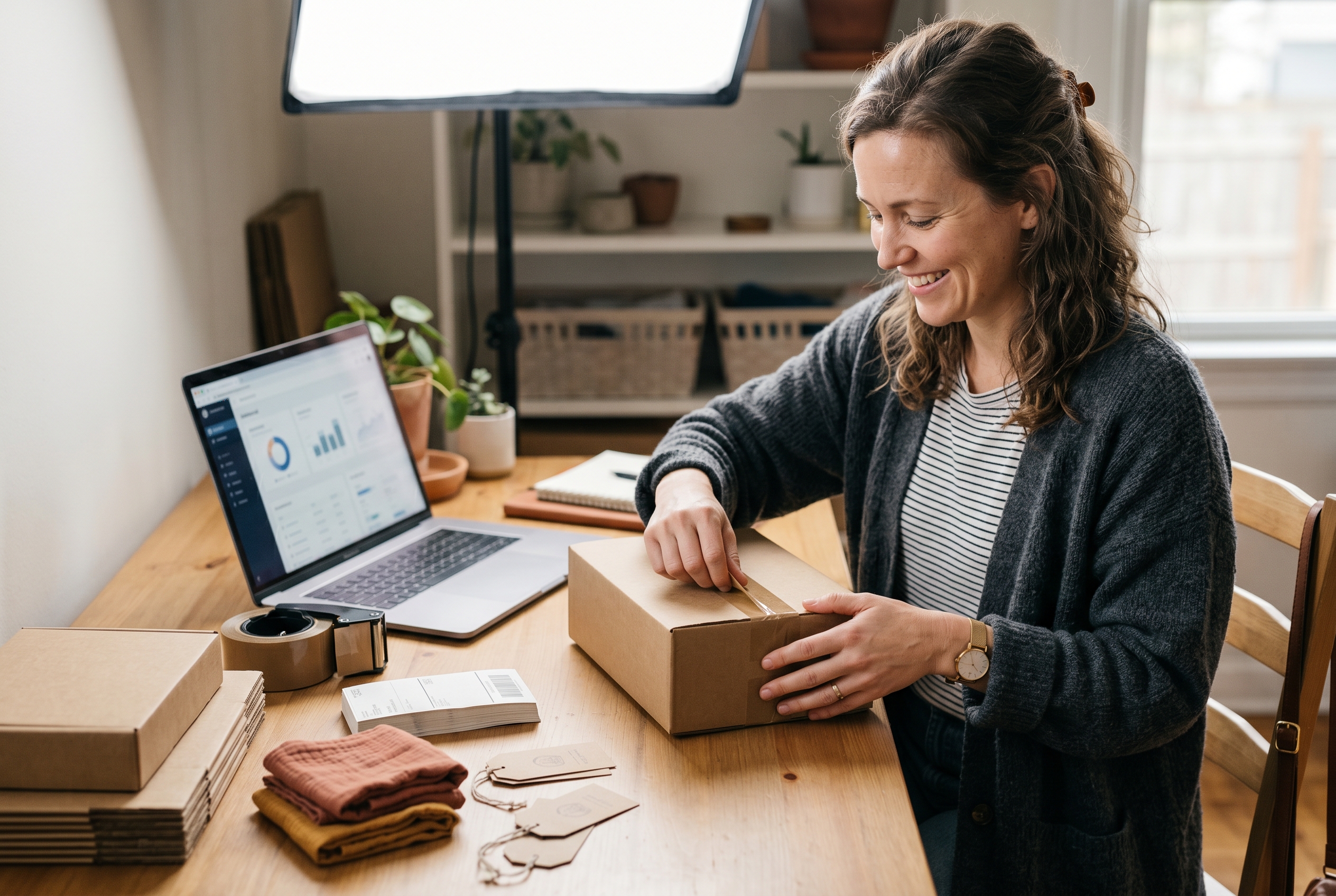 Small business owner smiling while packing orders at a tidy desk with a single laptop dashboard open beside shipping supplies