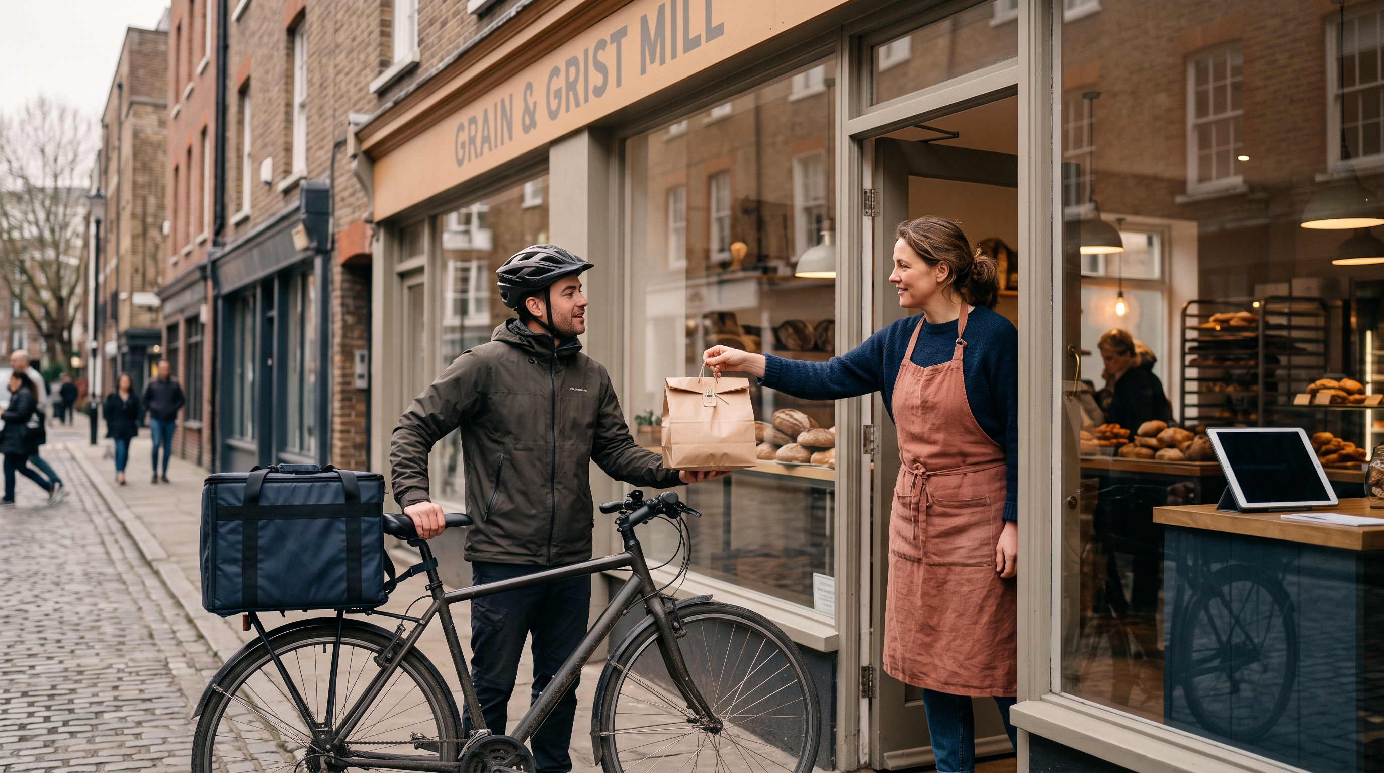 Bakery owner handing a packed paper bag of pastries to a courier on a bicycle outside her shop