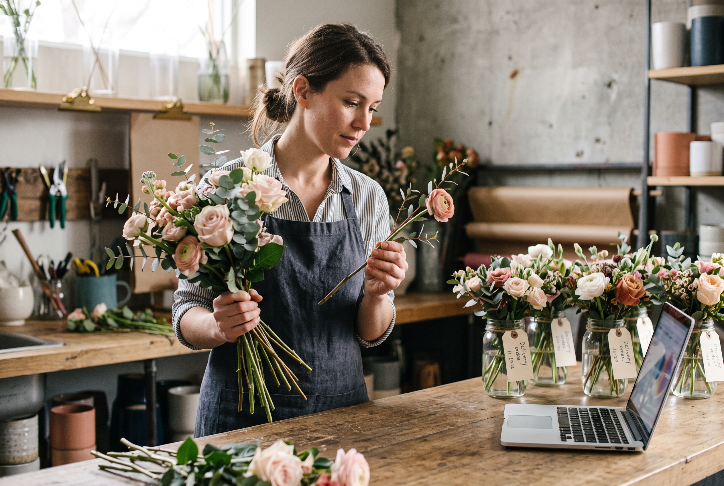 Florist arranging bouquets on a wooden counter with labeled delivery orders lined up beside a laptop