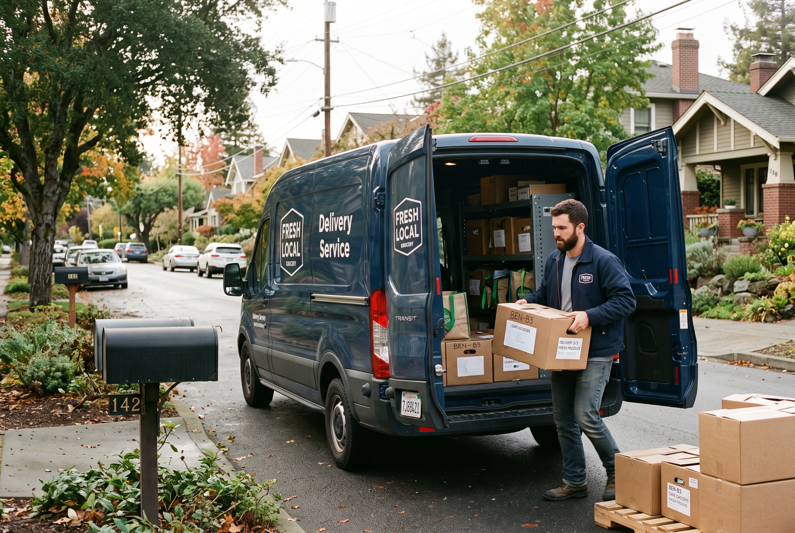 Delivery driver loading labeled grocery boxes into a van parked on a quiet residential street in the morning