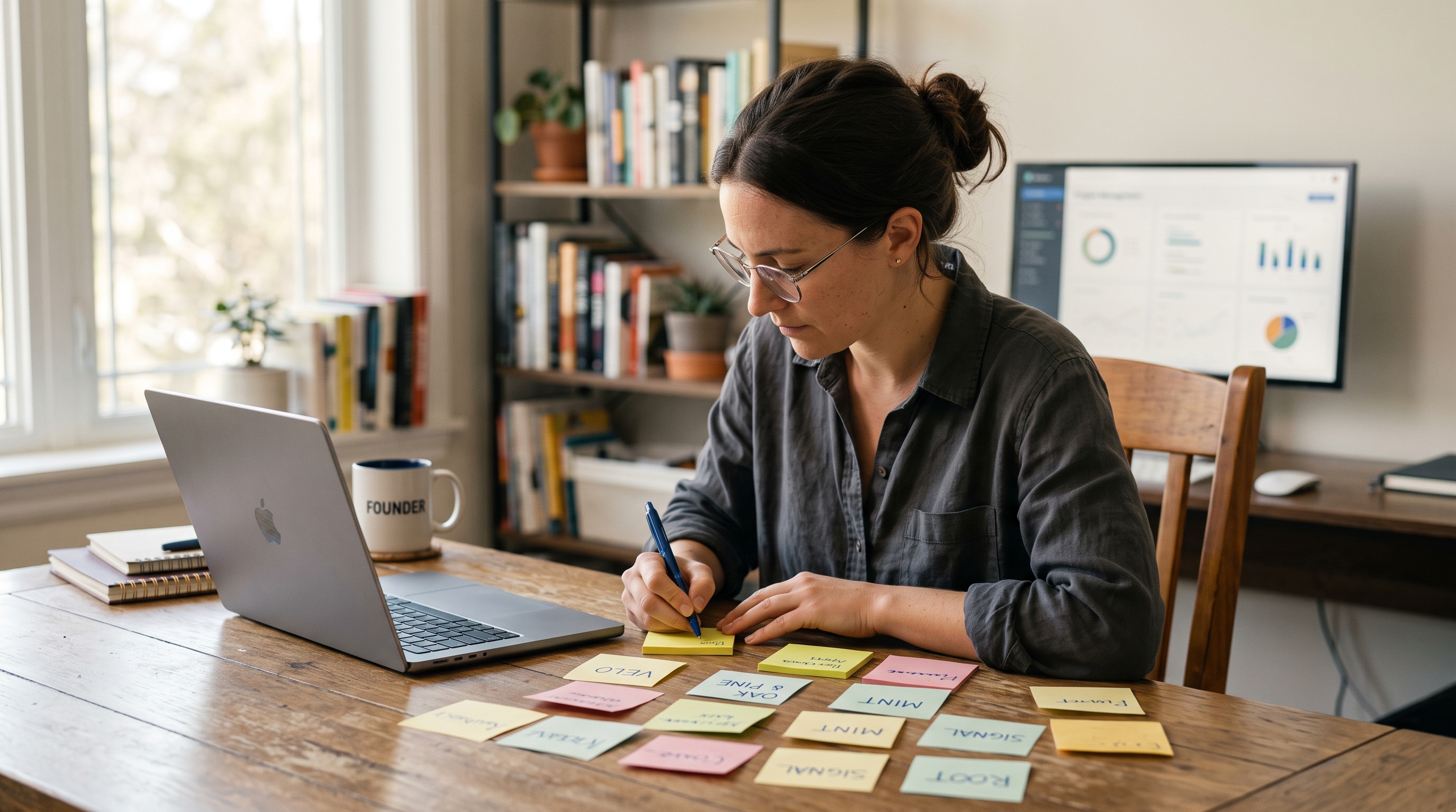 Founder writing store name options on sticky notes spread across a wooden desk next to an open laptop