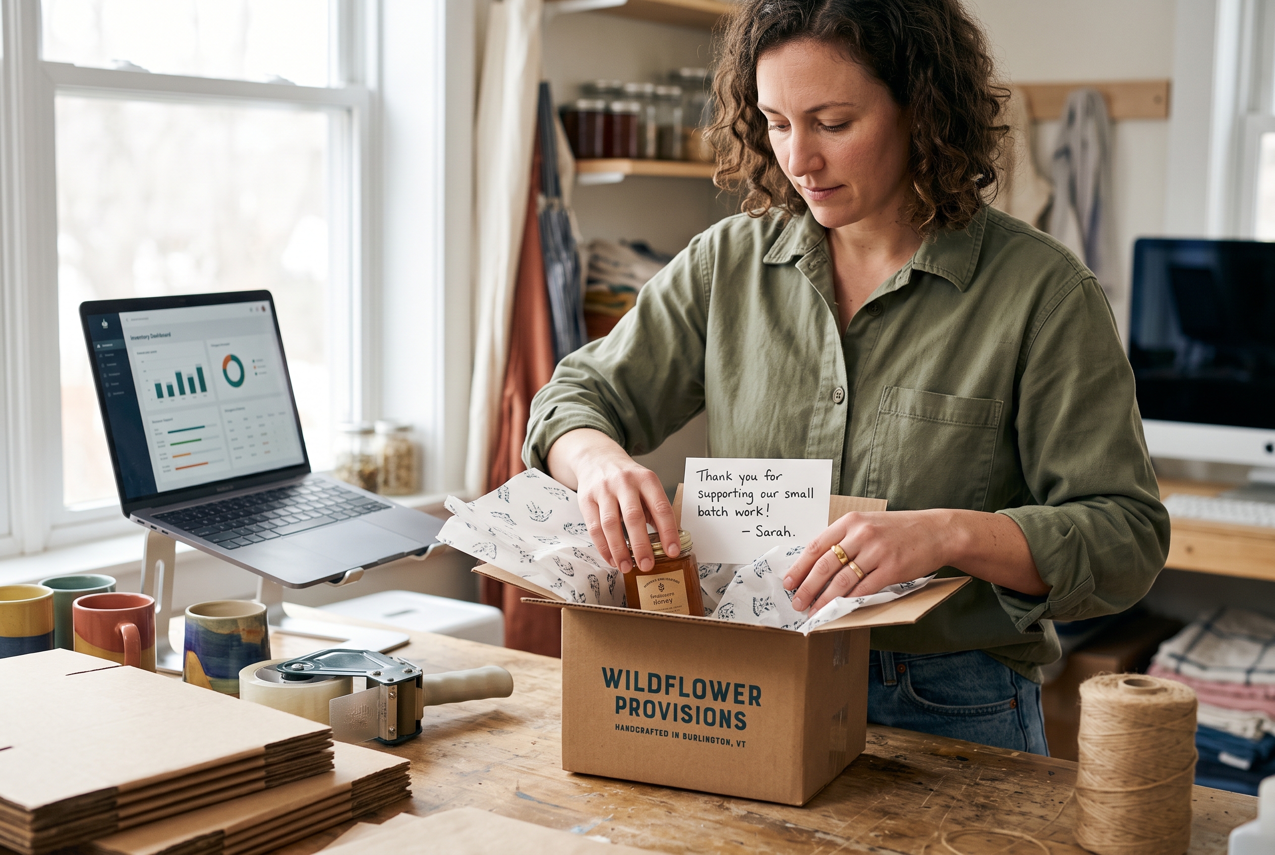 Small business owner packing a branded kraft box on a workbench with tissue paper and a handwritten thank-you card