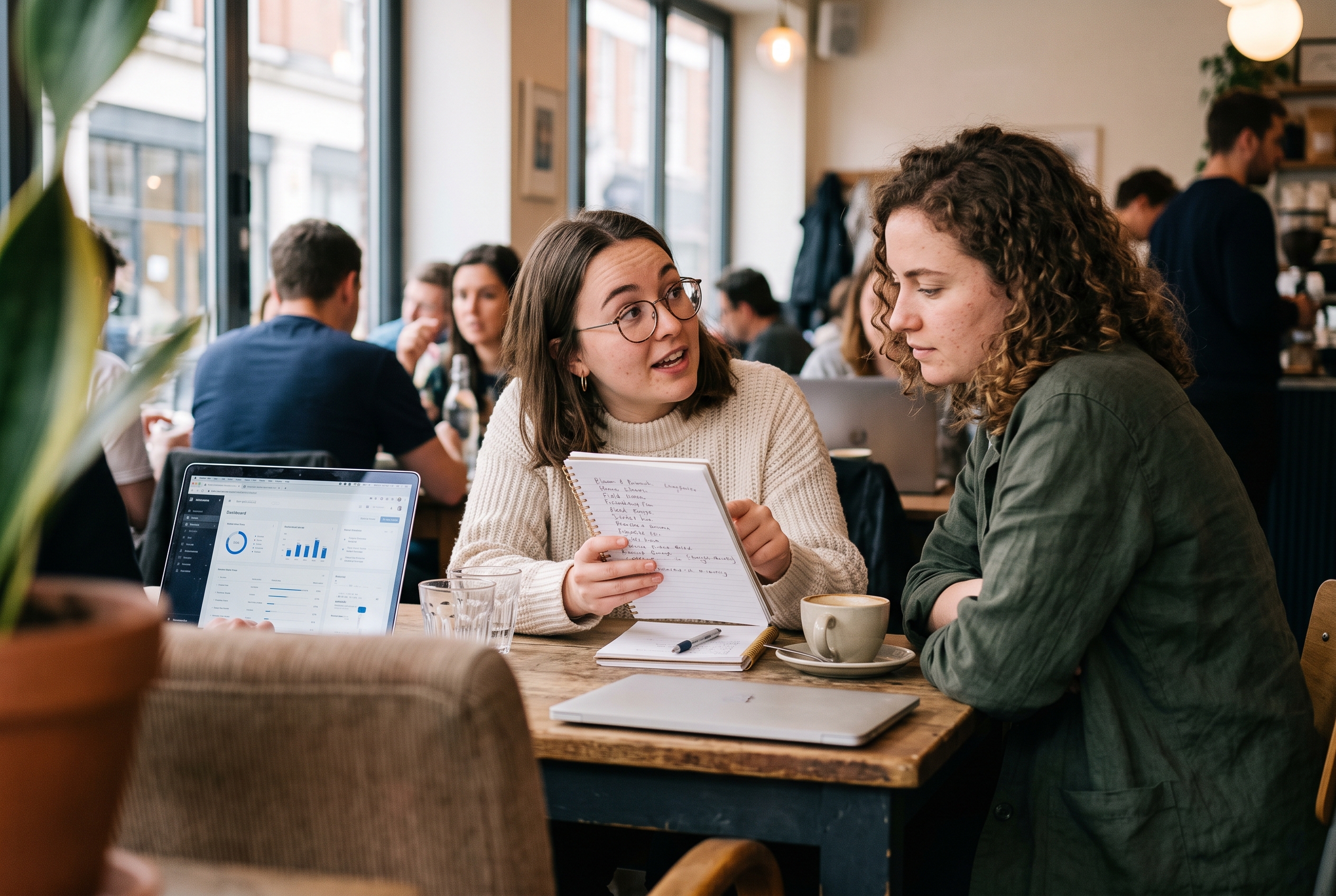 Two friends at a cafe table testing store name options on a notepad while one reads the list aloud
