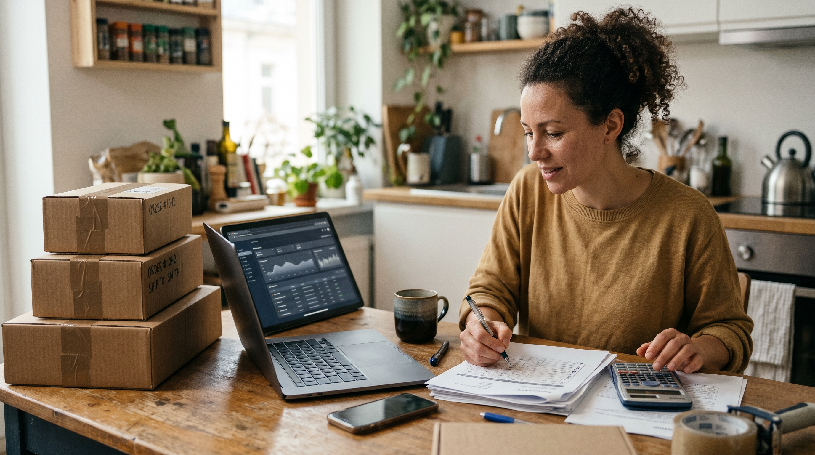Online store owner sitting at a kitchen table with a laptop and calculator, reviewing a printed order report beside packed parcels
