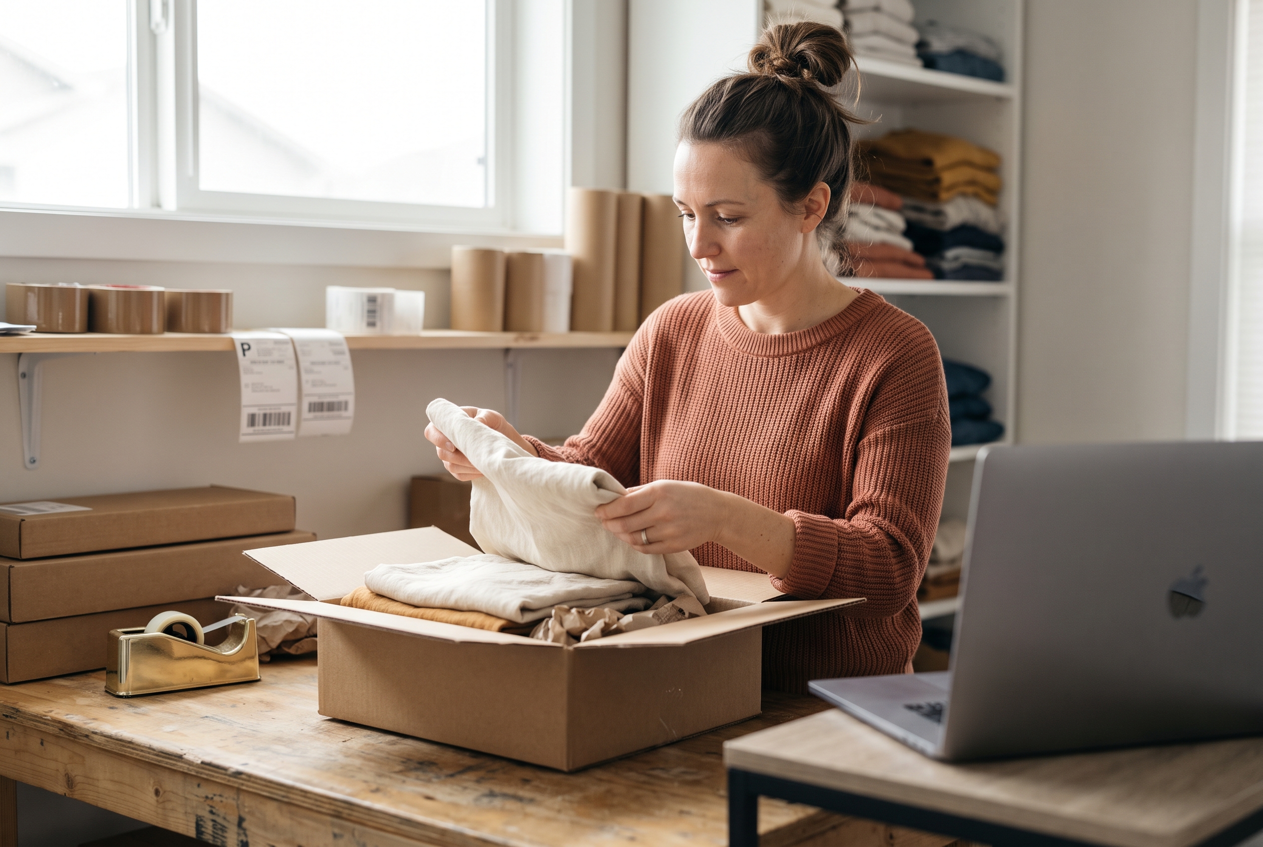 Small business owner packing a cardboard shipping box with folded clothing on a workbench in a home studio