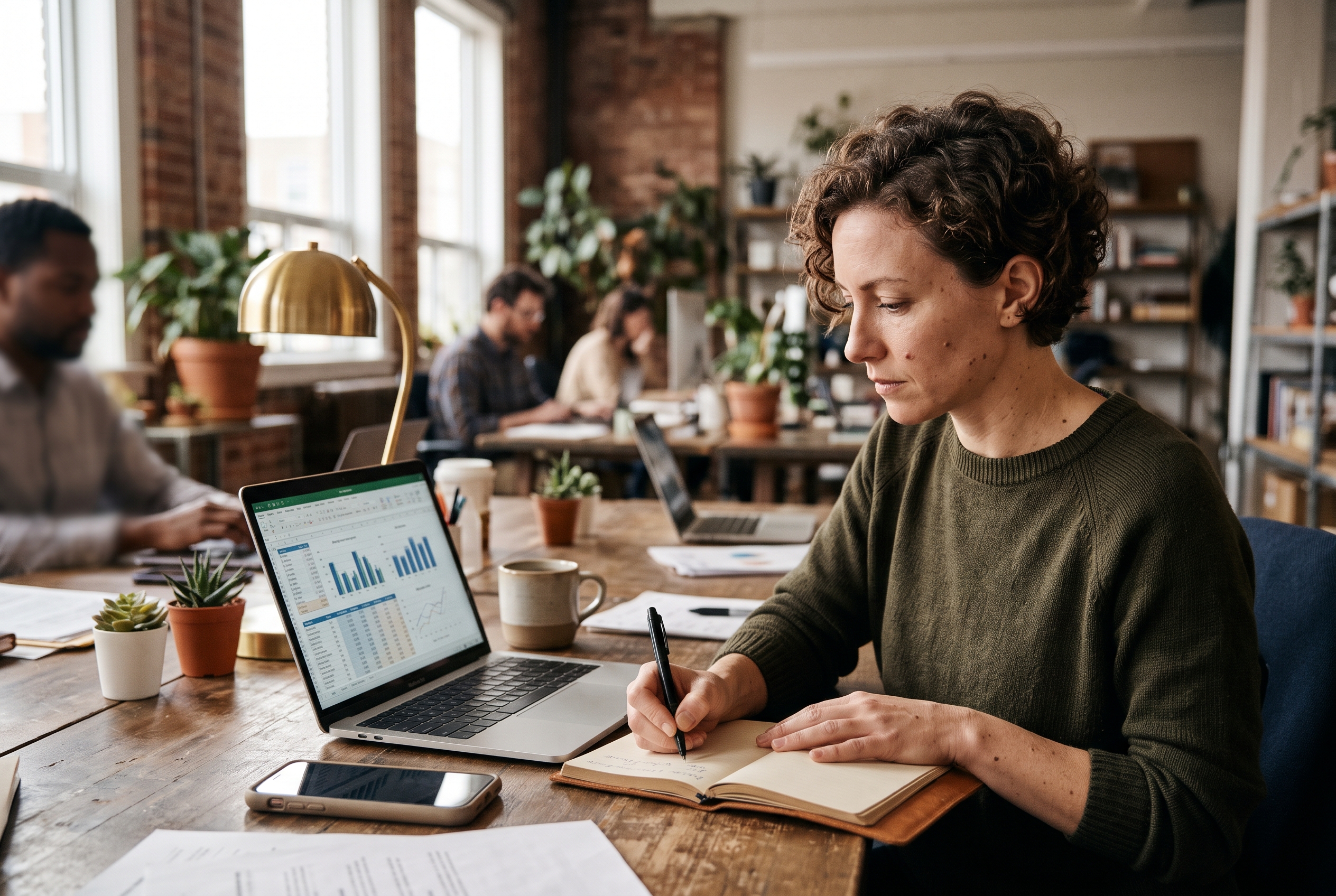 Entrepreneur at a desk writing cost figures in a notebook next to a laptop showing a spreadsheet