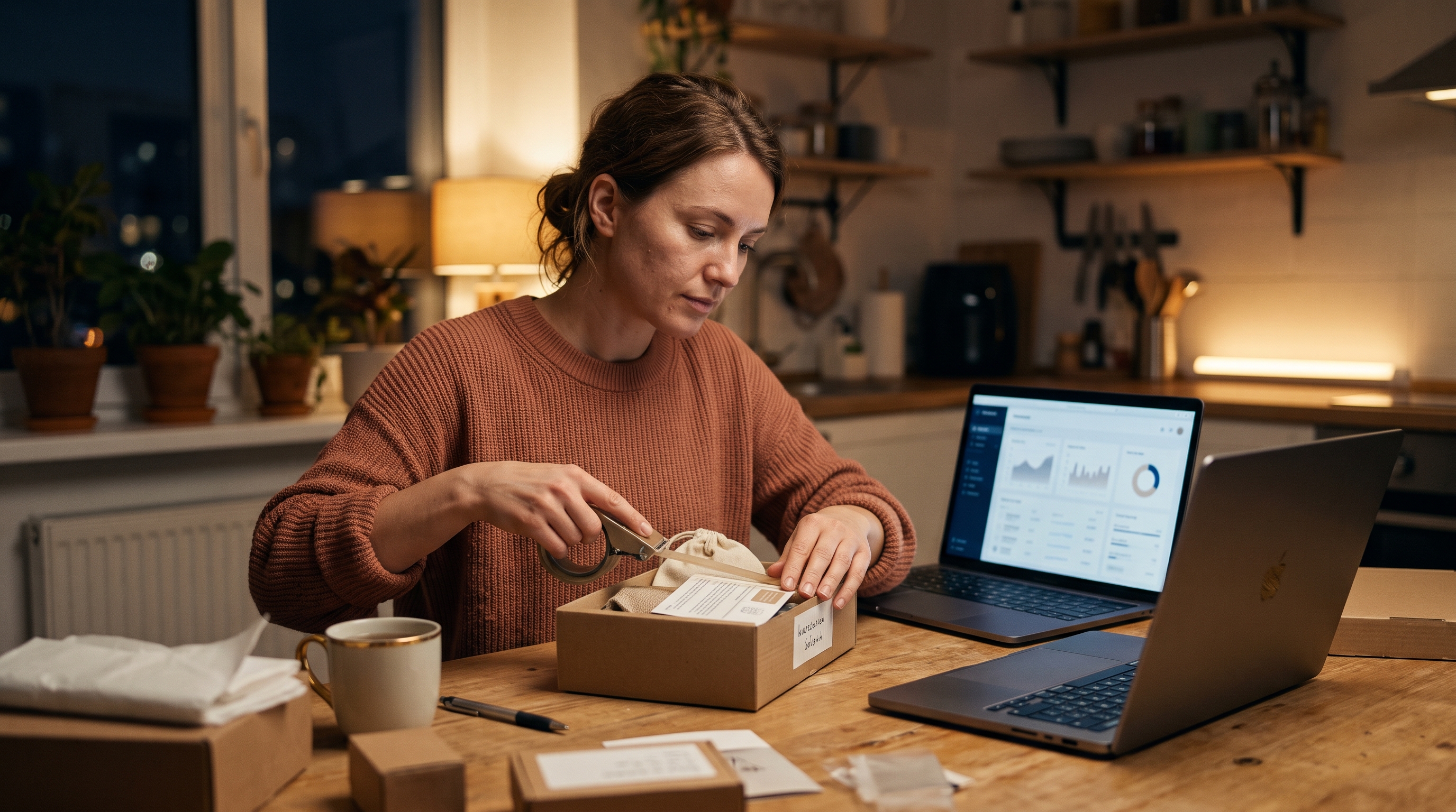 Woman packing a small order at her kitchen table in the evening with a laptop open beside her