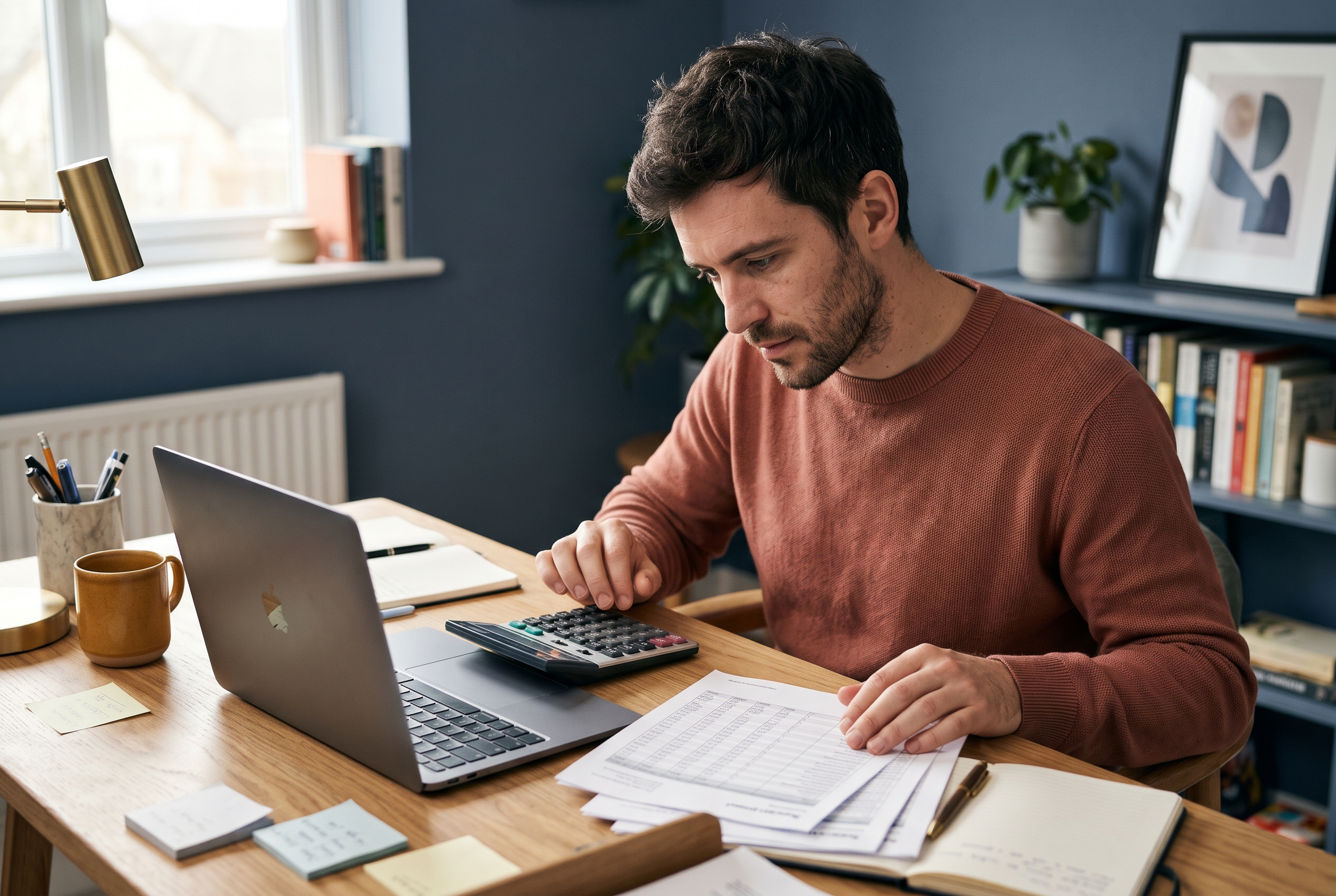 Man at a desk comparing supplier price sheets and a calculator beside his laptop in a home office