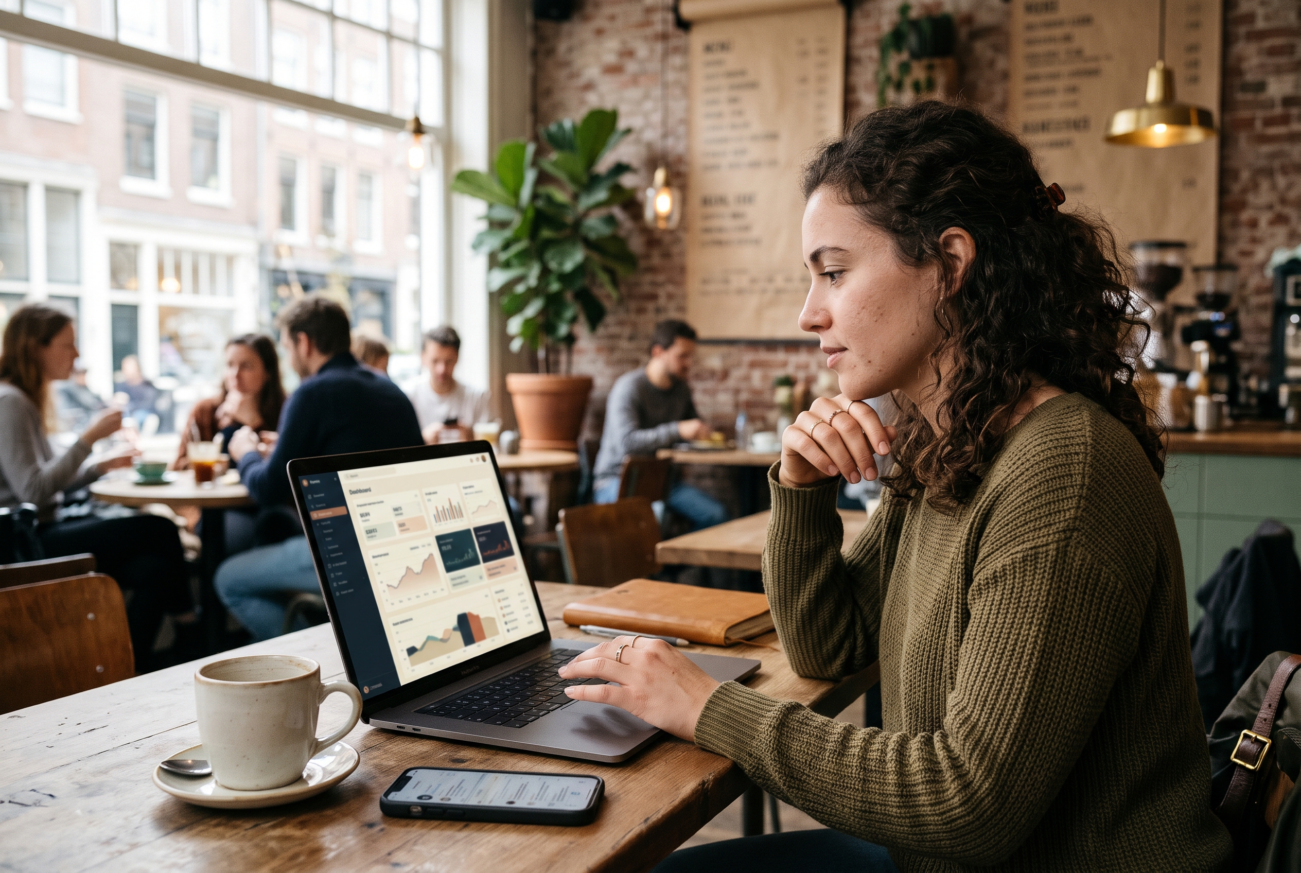Young woman reviewing a supplier dashboard on her laptop at a coffee shop table with a phone nearby