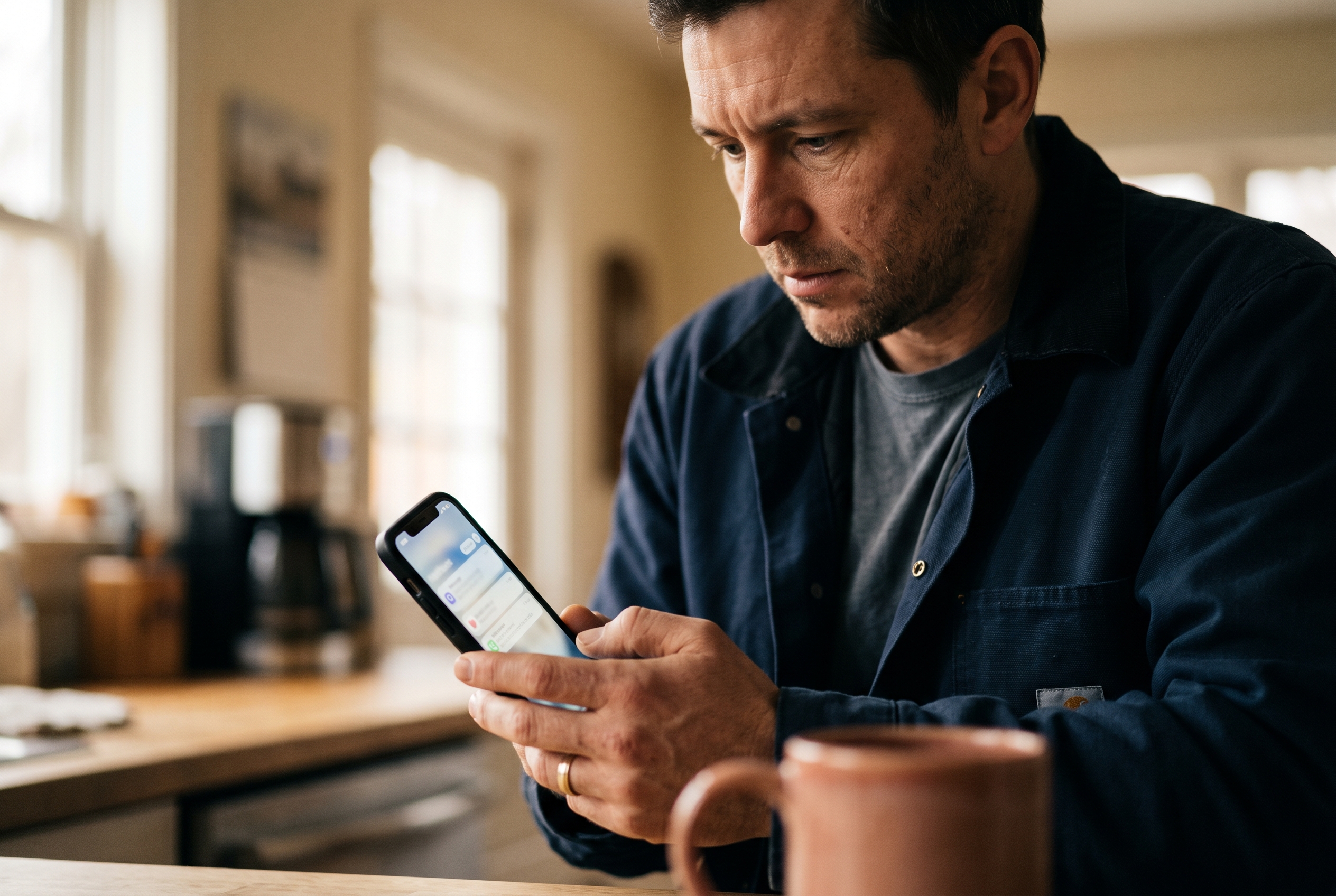 Man in work clothes checking sales notifications on his phone at a kitchen counter before his day job