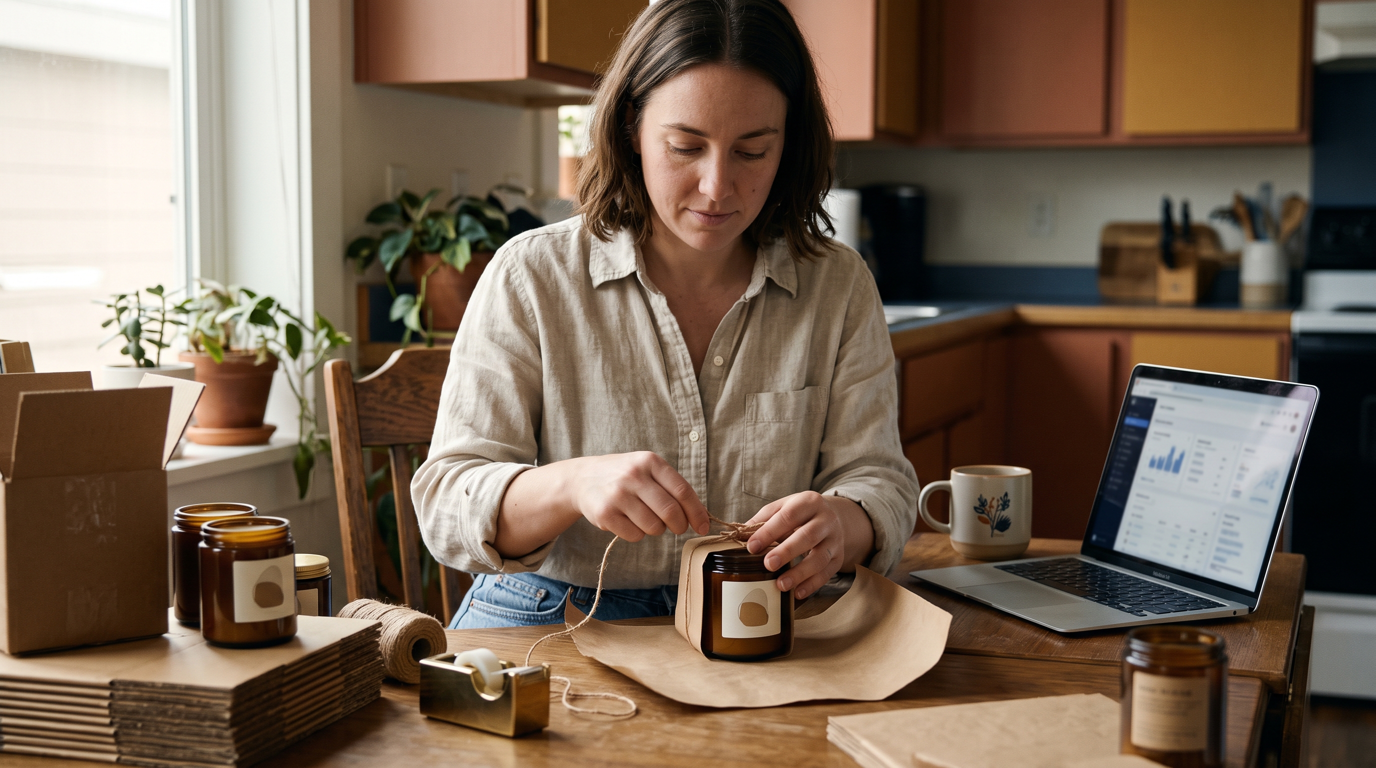Small business owner packing a candle order at a kitchen table with a laptop open beside her