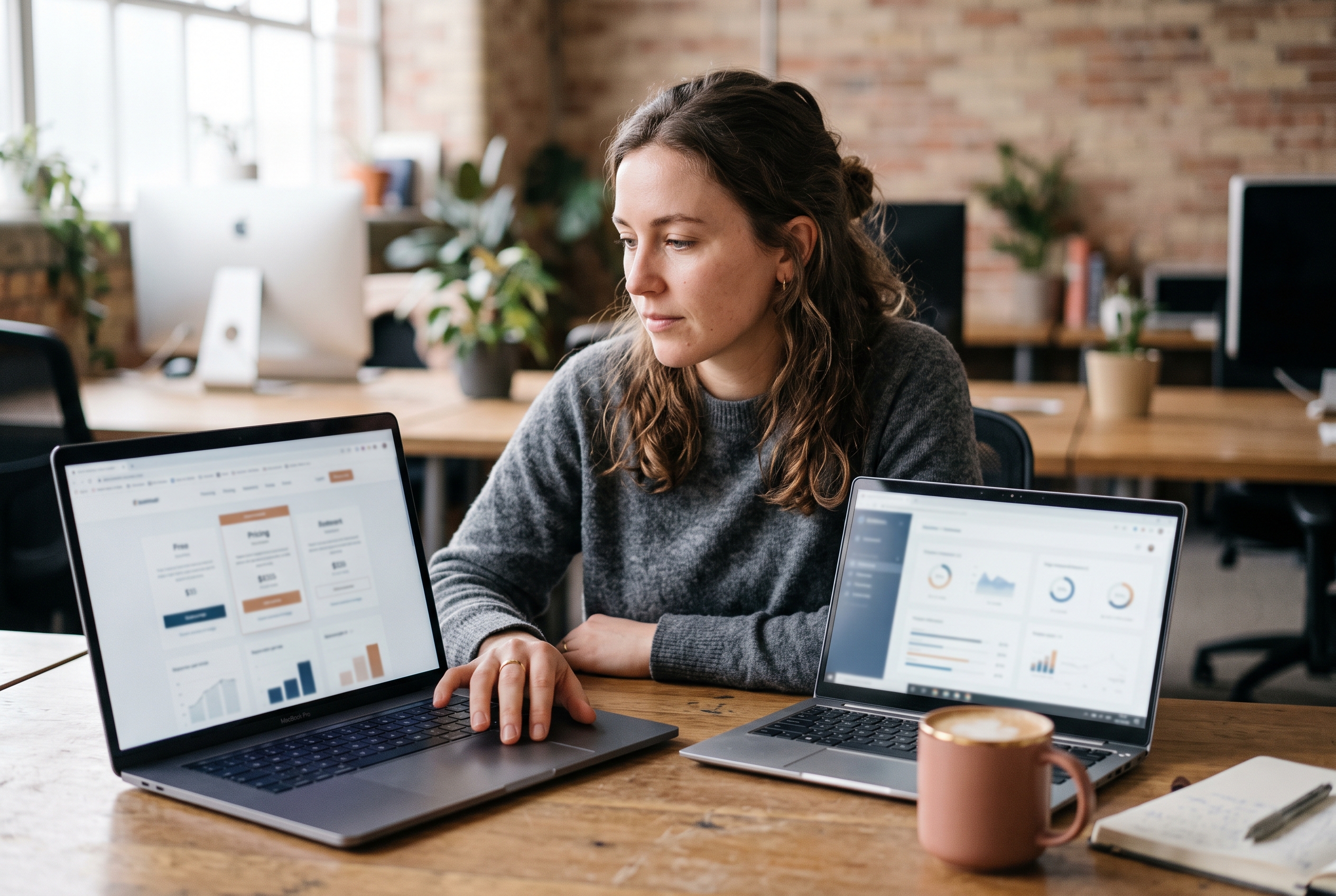Freelance designer comparing pricing pages on two laptop screens at a coworking desk with coffee