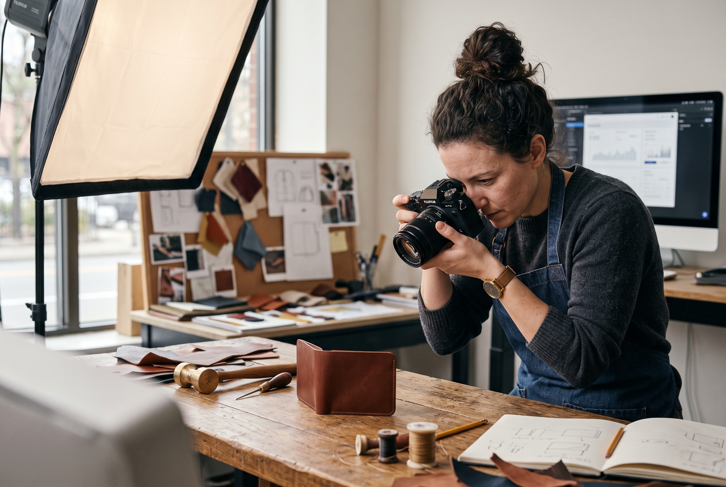 Founder photographing handmade leather wallets on a wooden table with a softbox light