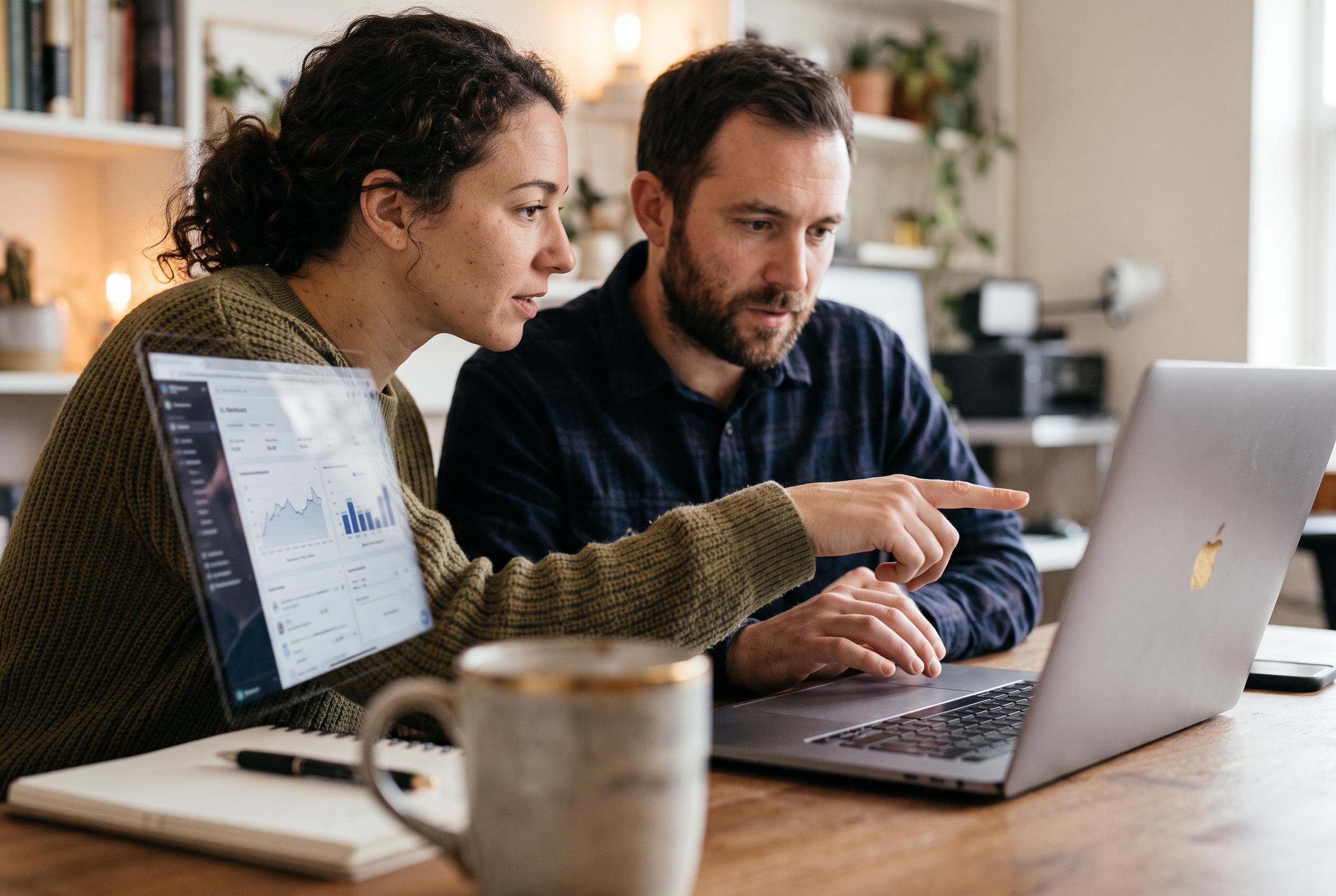 Two co-founders reviewing a store dashboard on a laptop in a small home office