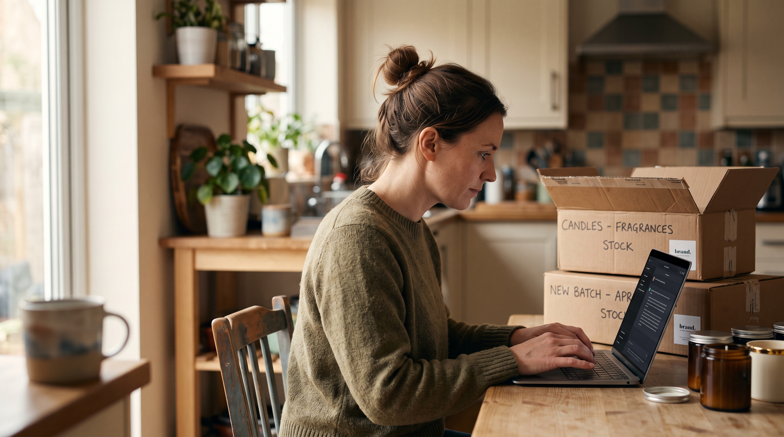 Store owner at a kitchen table typing a product question into ChatGPT on a laptop beside boxes of candles
