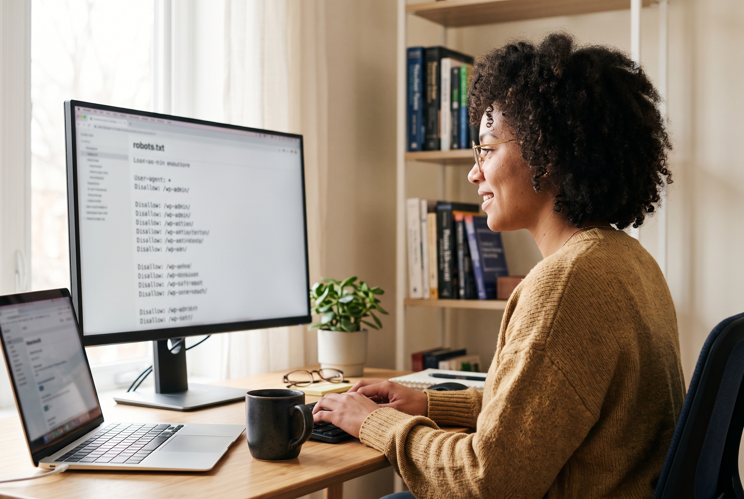 Developer checking a robots.txt file on a monitor in a bright home office with a coffee mug