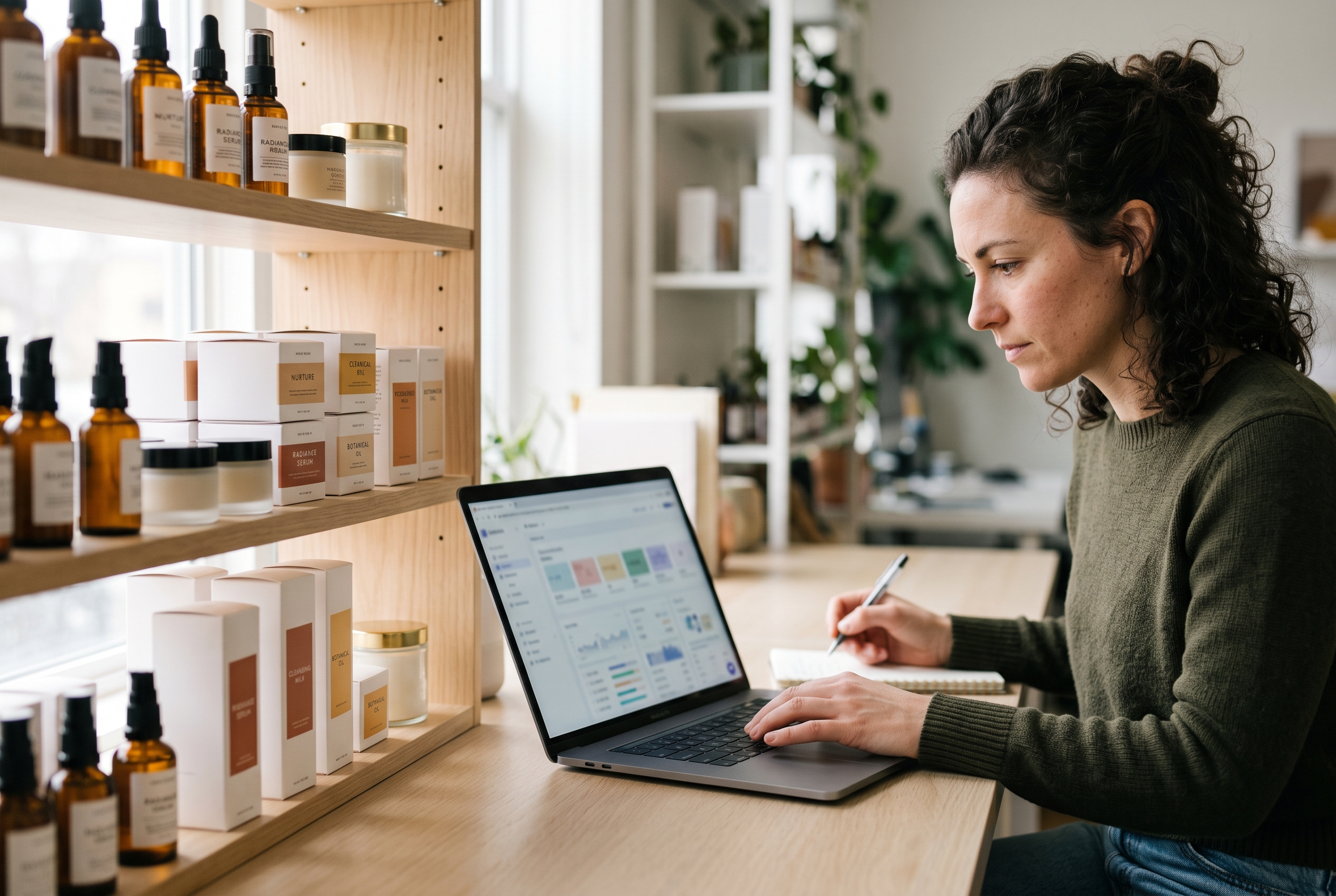 Ecommerce manager reviewing product page markup on a laptop beside a shelf of packaged skincare products