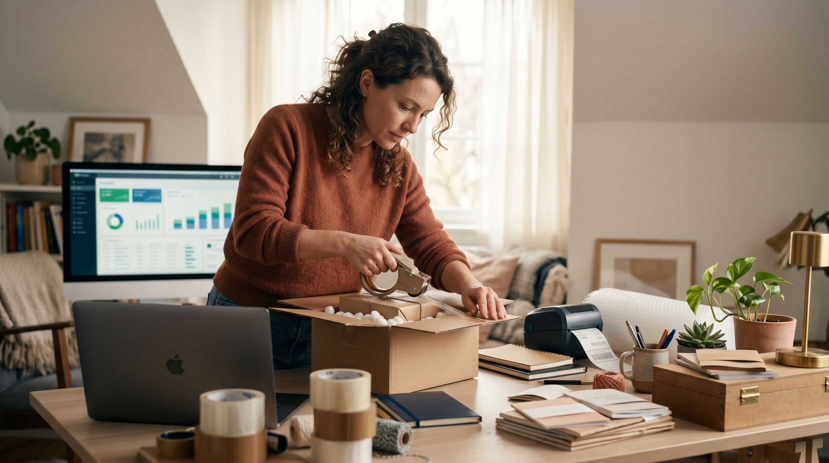 Small business owner packing a brown shipping box at a cluttered home desk with a laptop open beside her