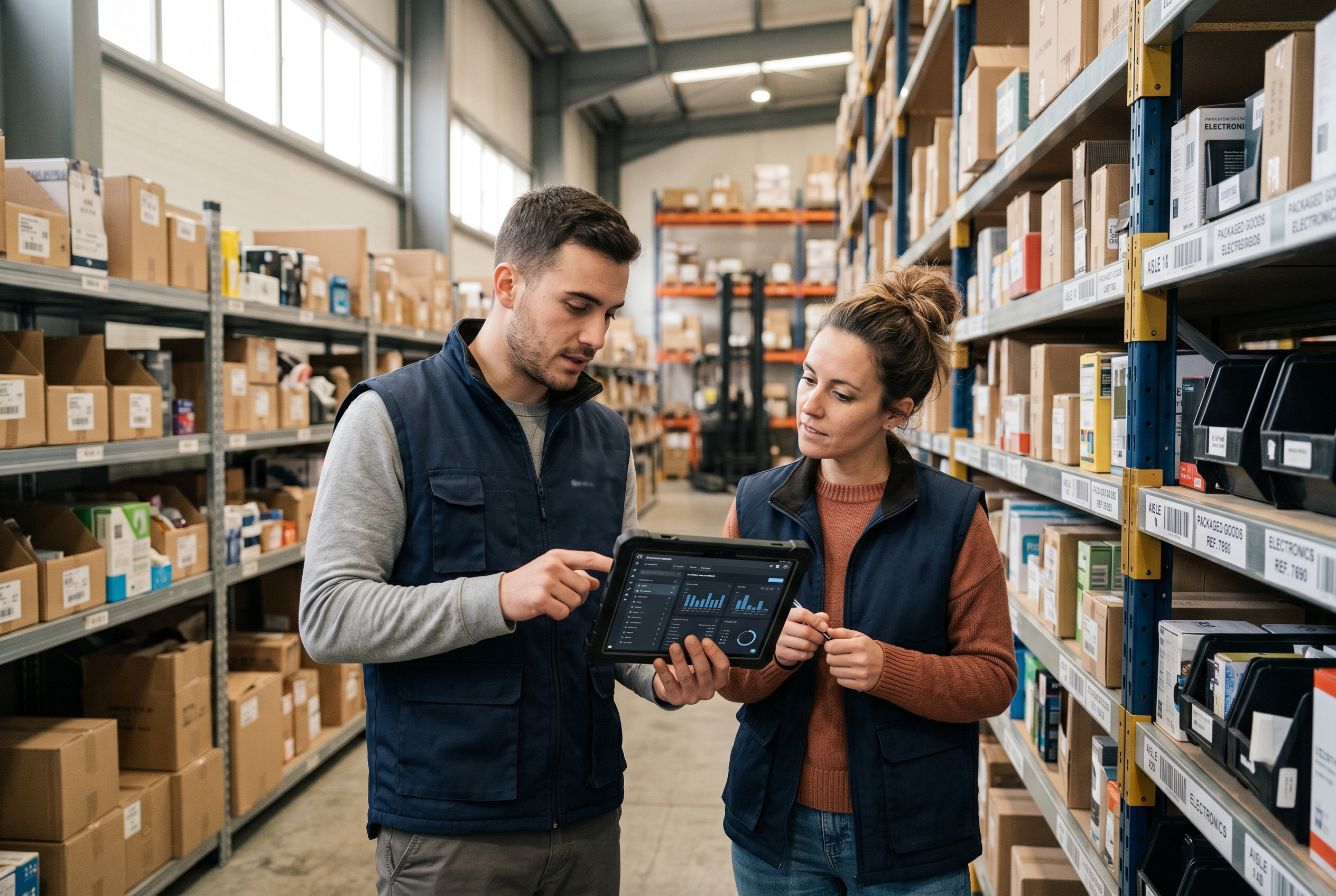 Two warehouse staff checking a tablet against rows of labeled shelves stacked with packaged products