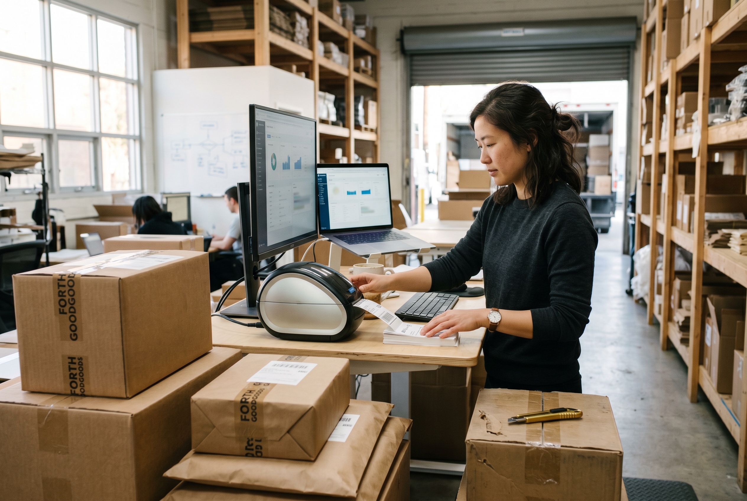 Founder printing shipping labels at a standing desk surrounded by stacked parcels ready for carrier pickup