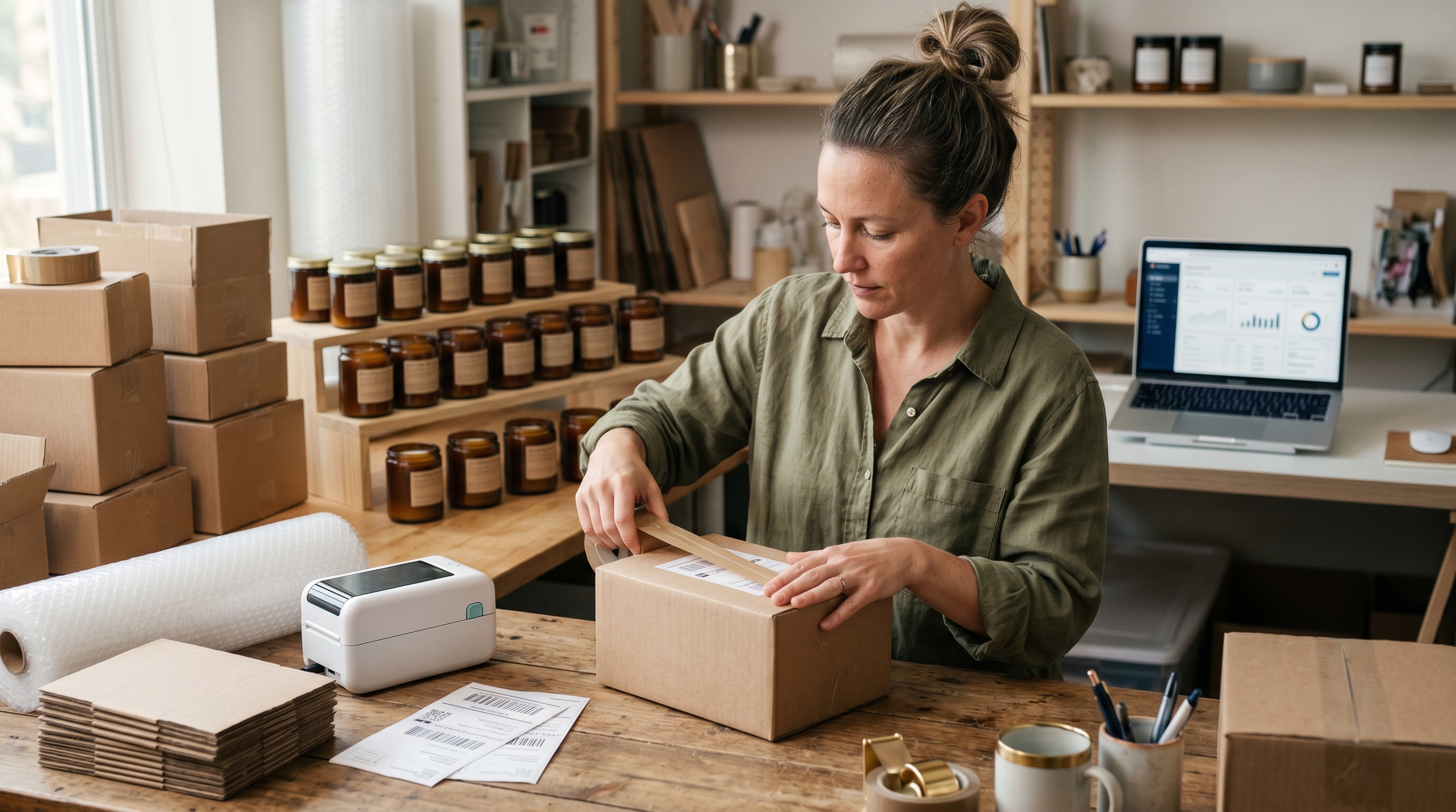Small business owner packing handmade candle orders at a wooden workbench surrounded by shipping labels and boxes