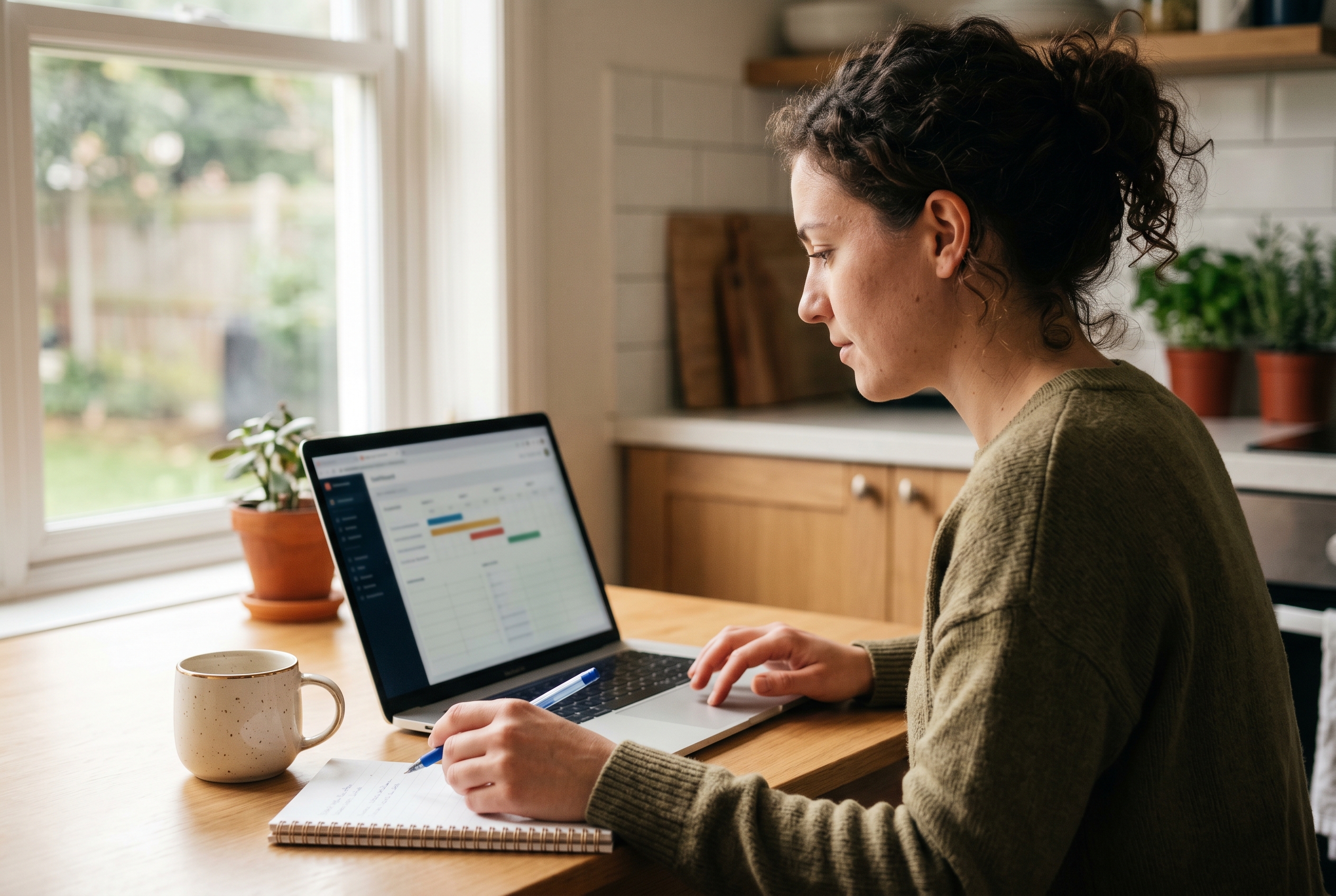 Founder reviewing fee breakdowns on a laptop spreadsheet at a kitchen table with a coffee mug and notebook