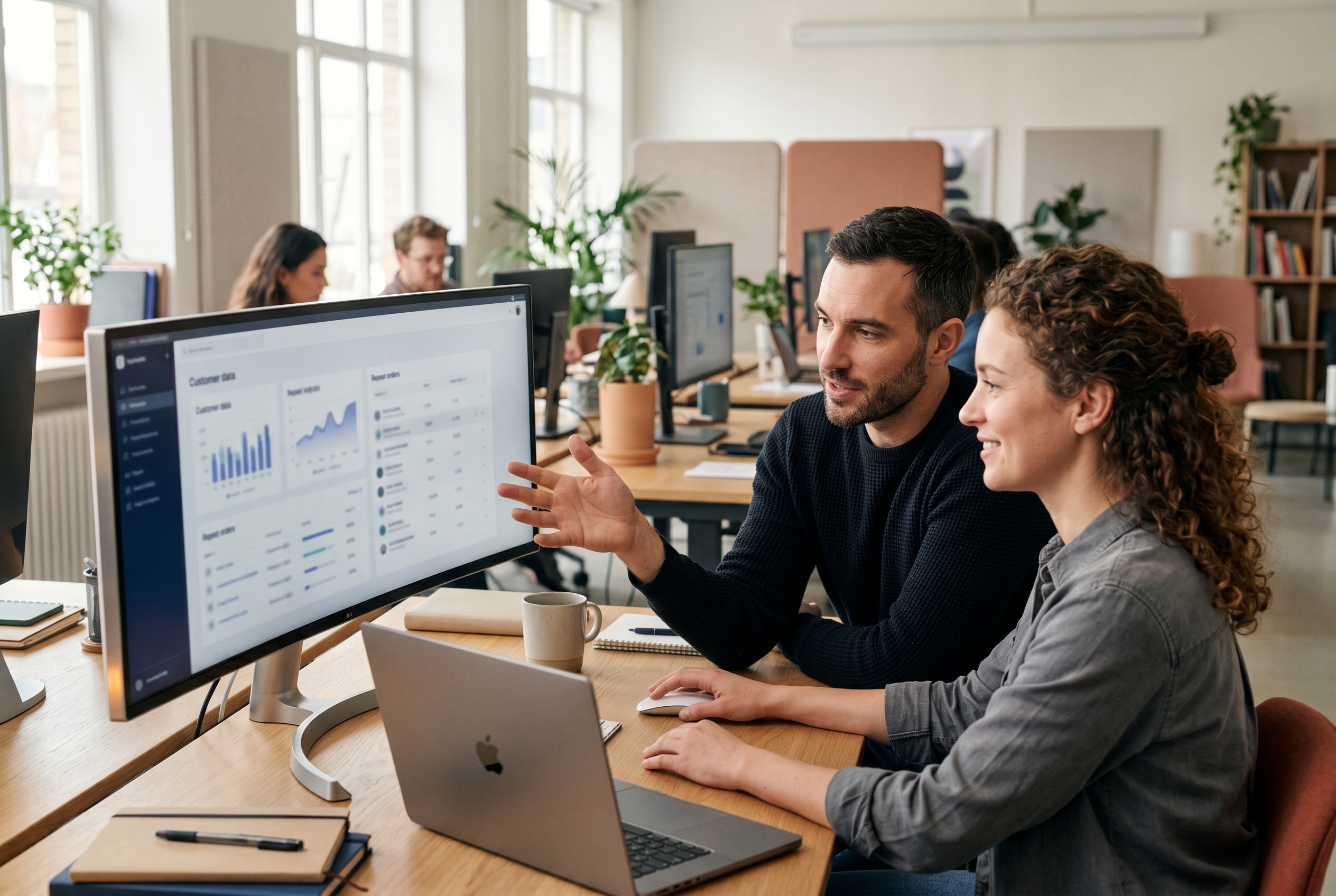Two team members reviewing customer email lists and repeat-order data on a wide monitor in a bright office