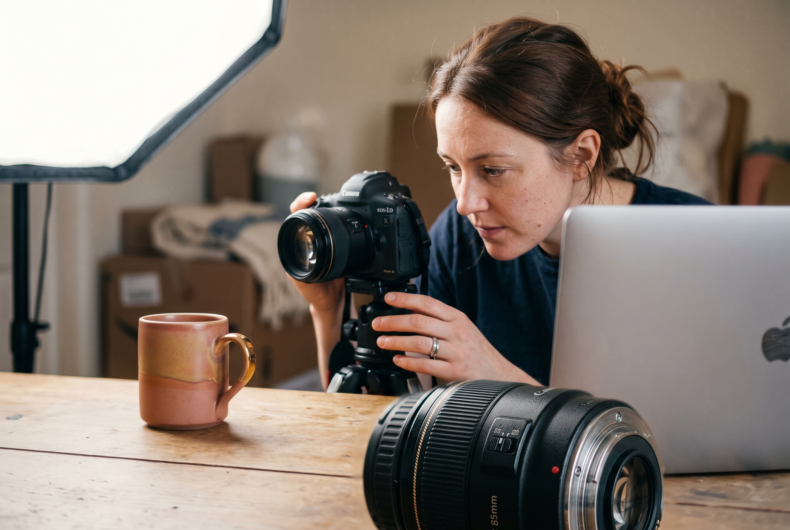 Online store owner photographing a product on a wooden table with a softbox light and laptop open nearby
