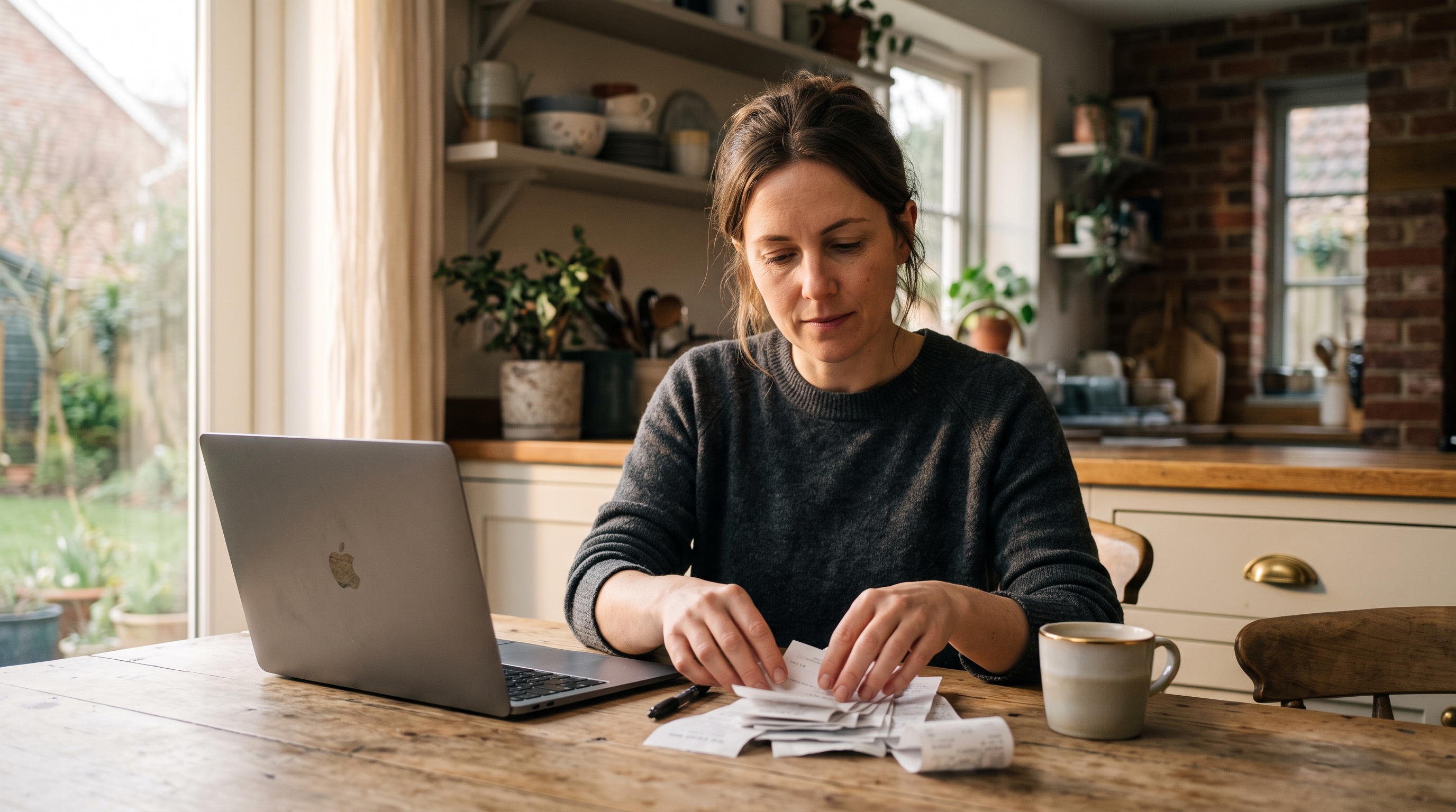 Small business owner reviewing a stack of receipts and a laptop at a wooden kitchen table in morning light