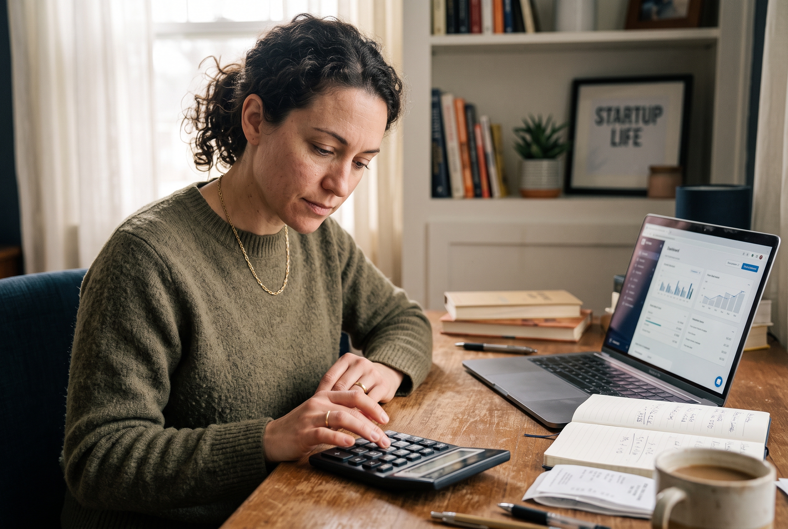 Founder calculating monthly costs on a calculator beside an open laptop showing a sales dashboard in a home office