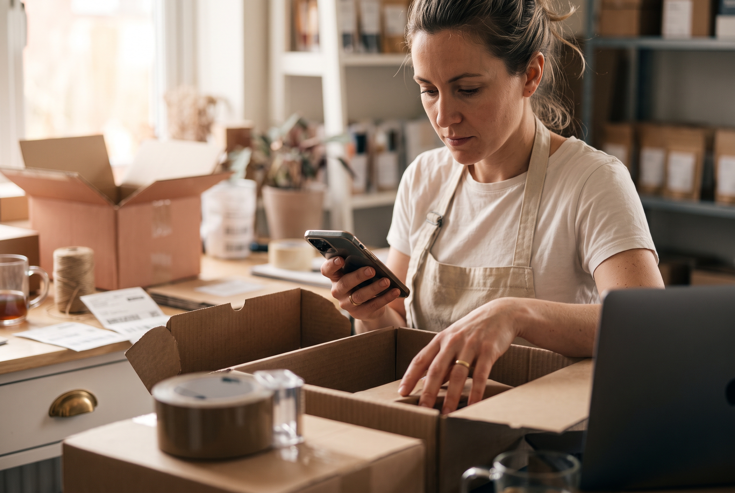 Ecommerce merchant packing orders into shipping boxes while checking a phone at a standing desk in a small studio
