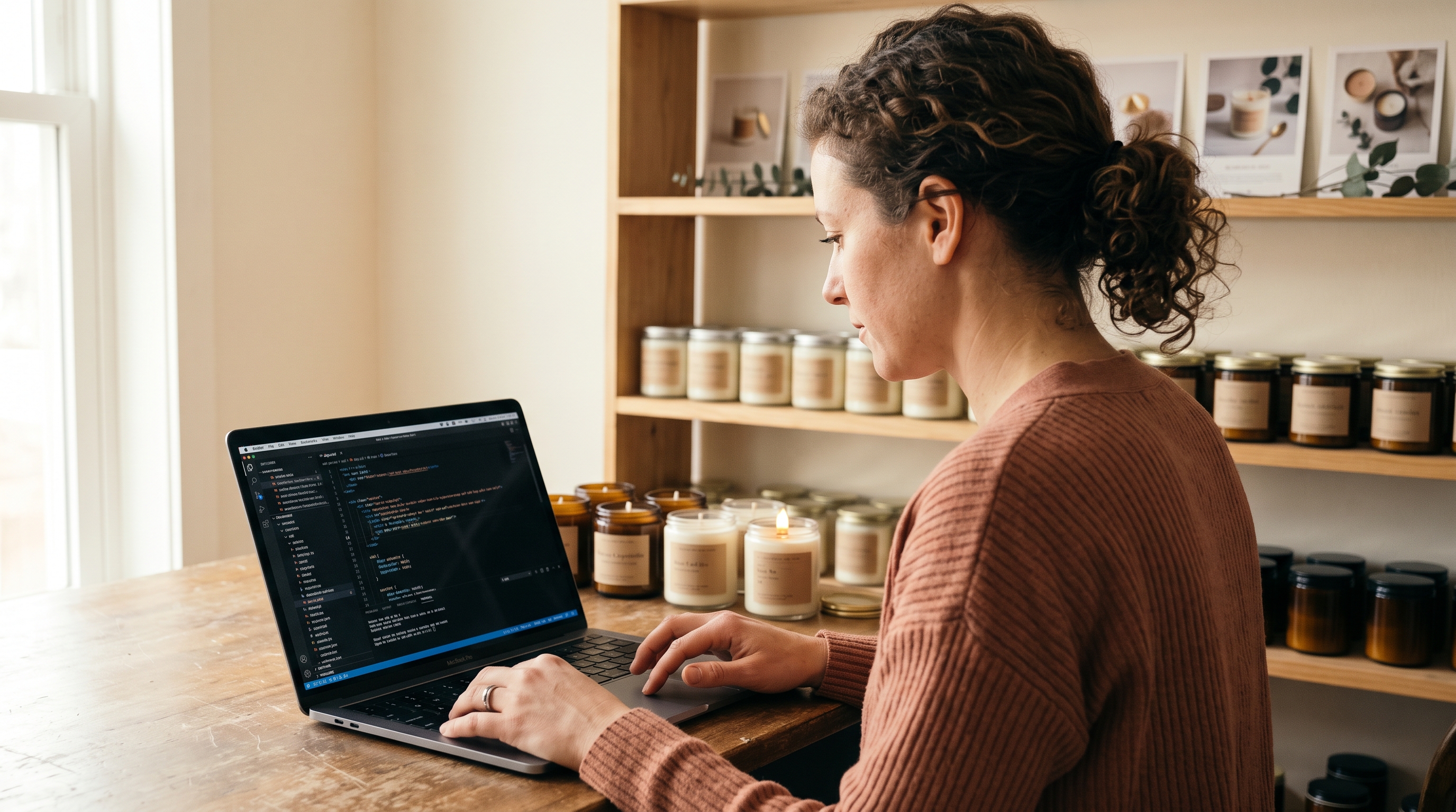 Small business owner pasting button code into a laptop editor beside a shelf of handmade candles in a bright studio