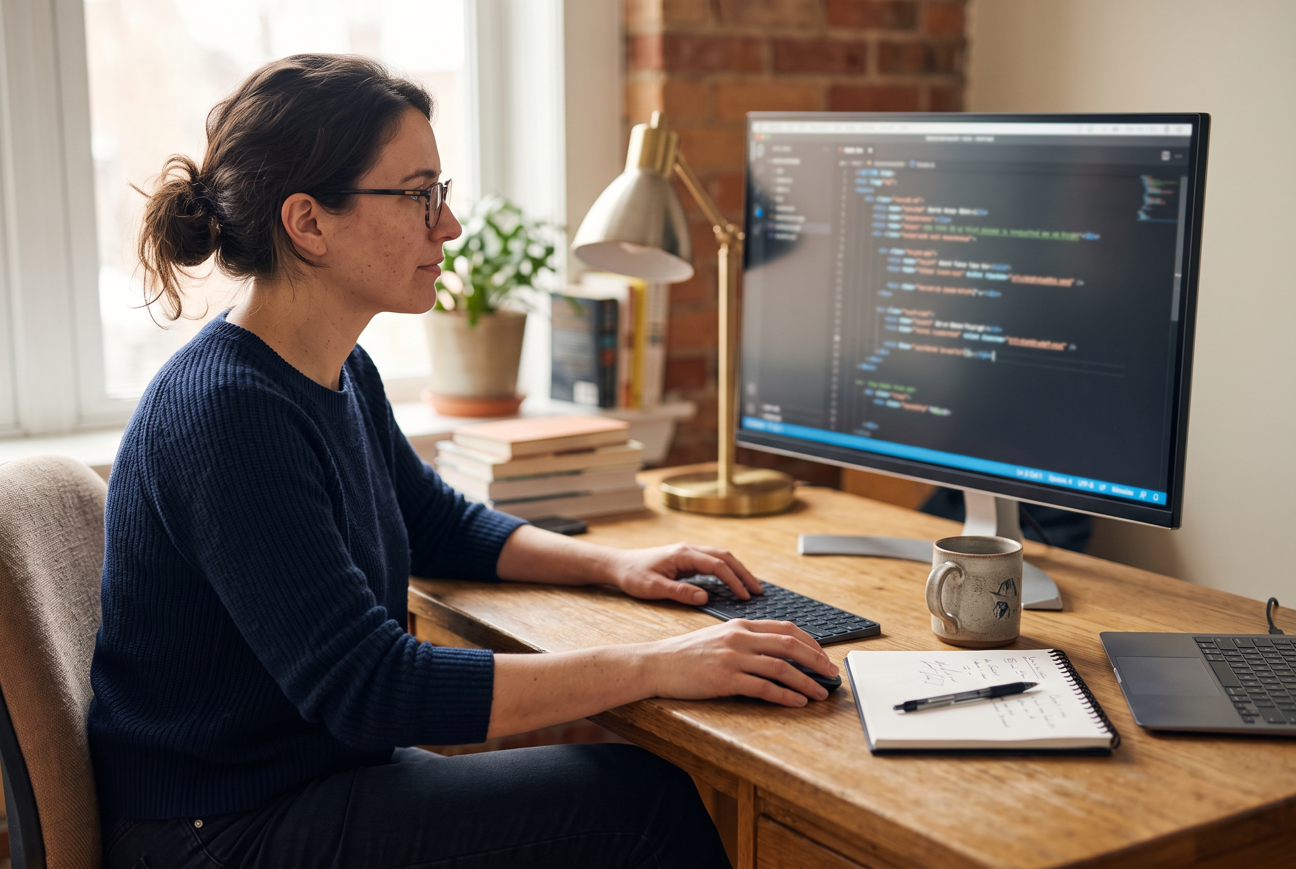 Developer reviewing HTML form code on a monitor at a wooden desk with a coffee mug and notebook