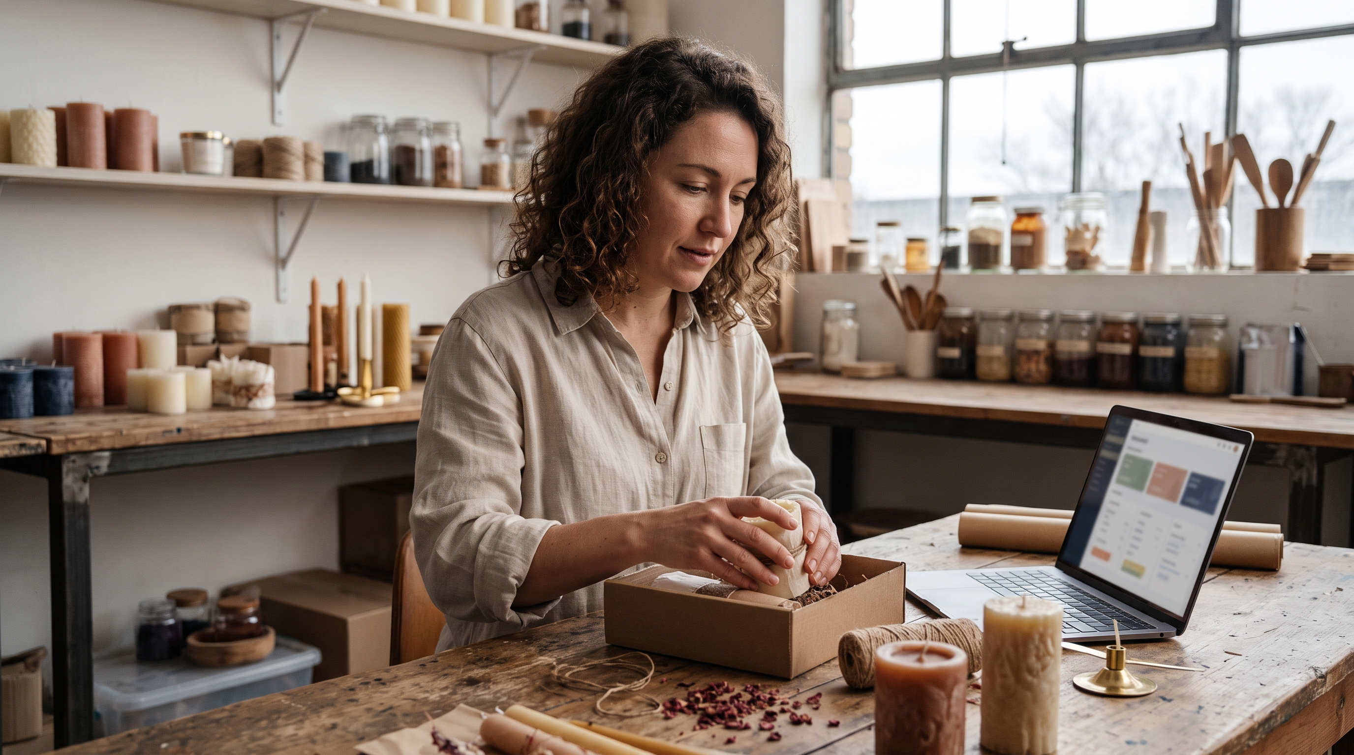Candle maker packing a handmade order at a wooden workbench with a laptop open to a payment notification
