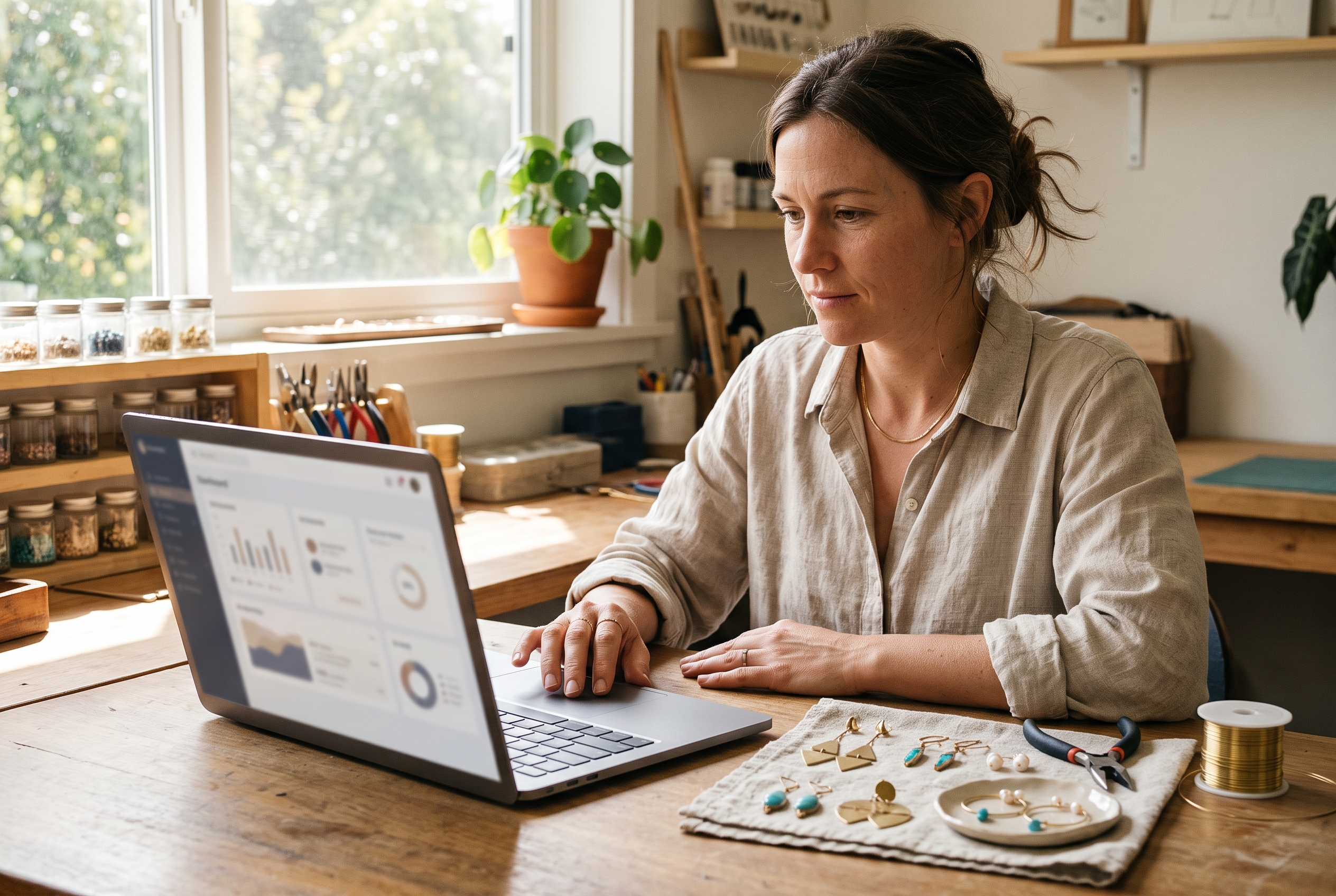 Jewelry maker at a sunlit desk setting up a business payment account on her laptop beside finished earrings