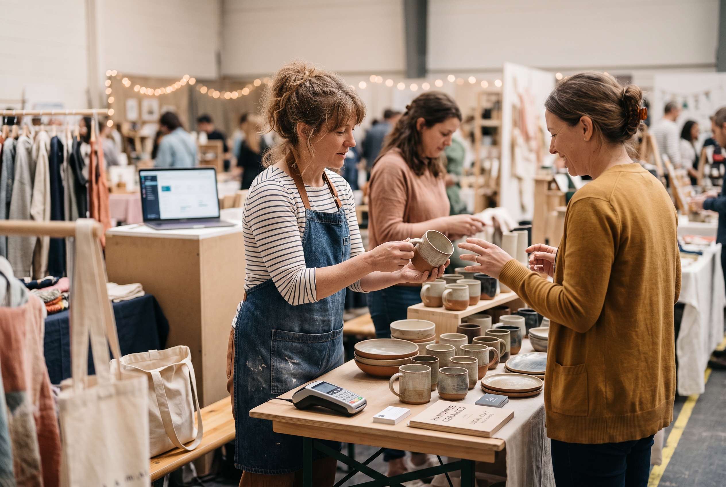 Potter at a craft fair booth showing a customer a ceramic mug while a card reader sits on the table