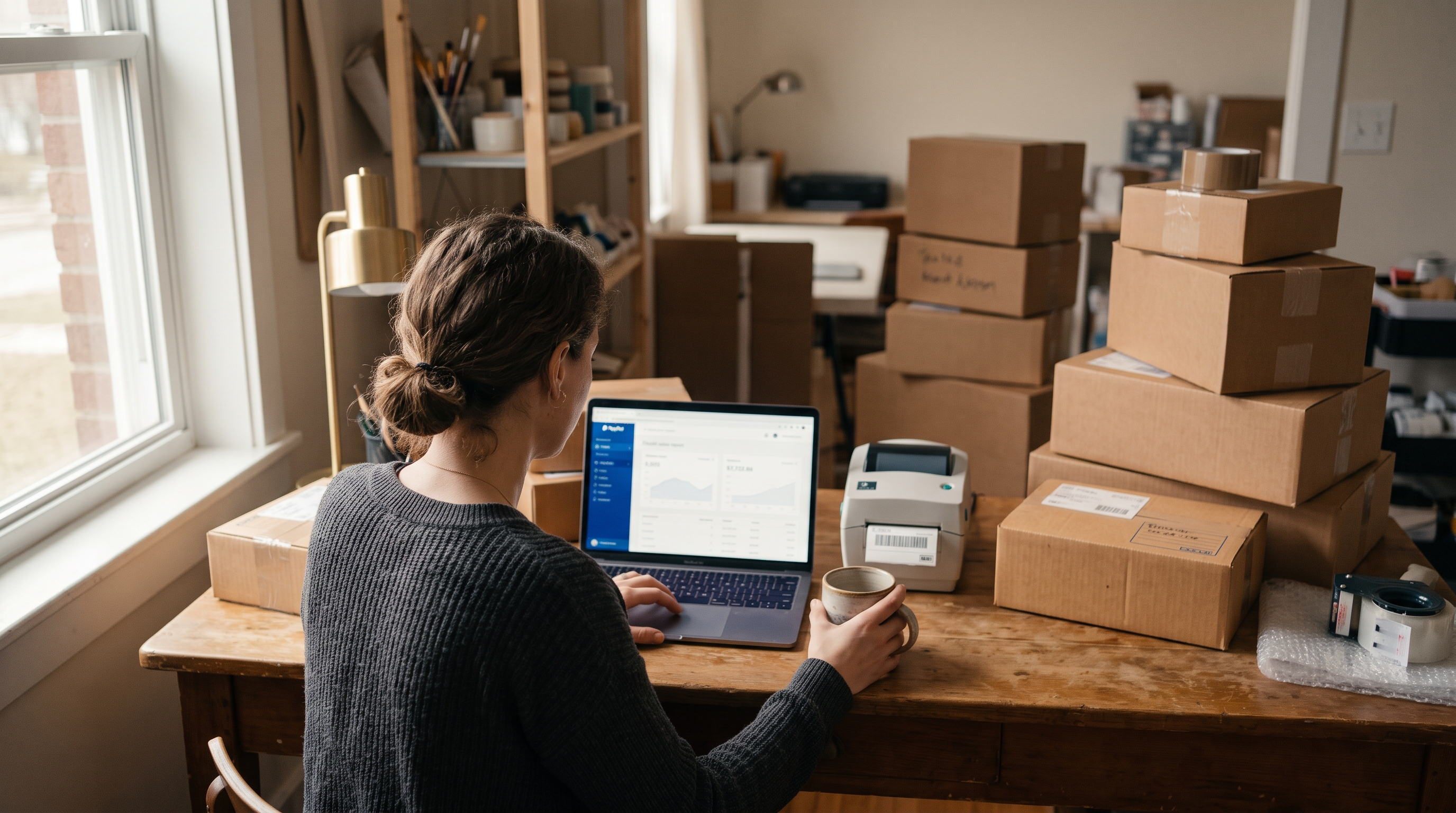 Online shop owner checking PayPal sales report on a laptop beside stacked shipping boxes in a small home studio