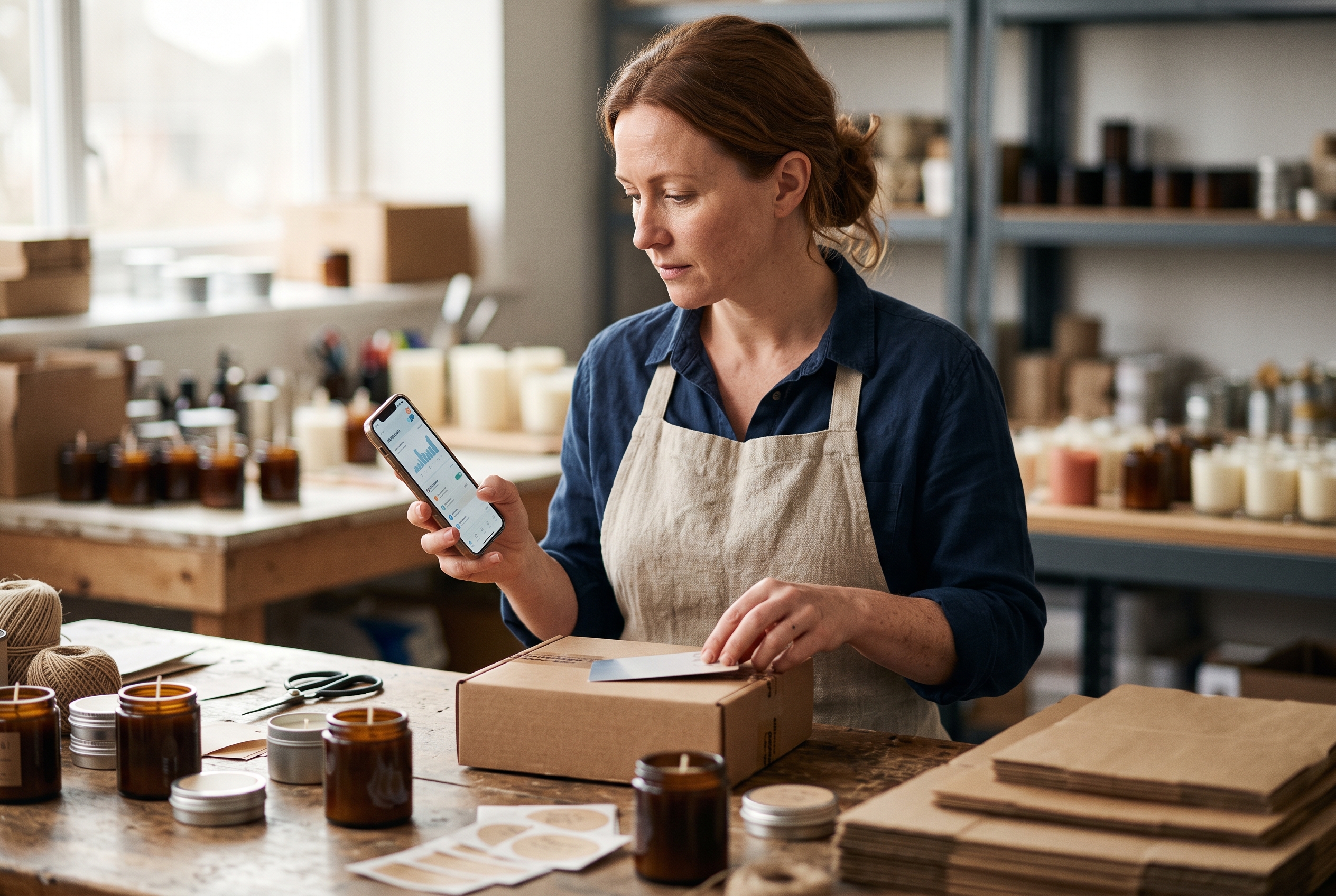 Handmade candle maker packing an order at a wooden workbench while reviewing a payment notification on her phone