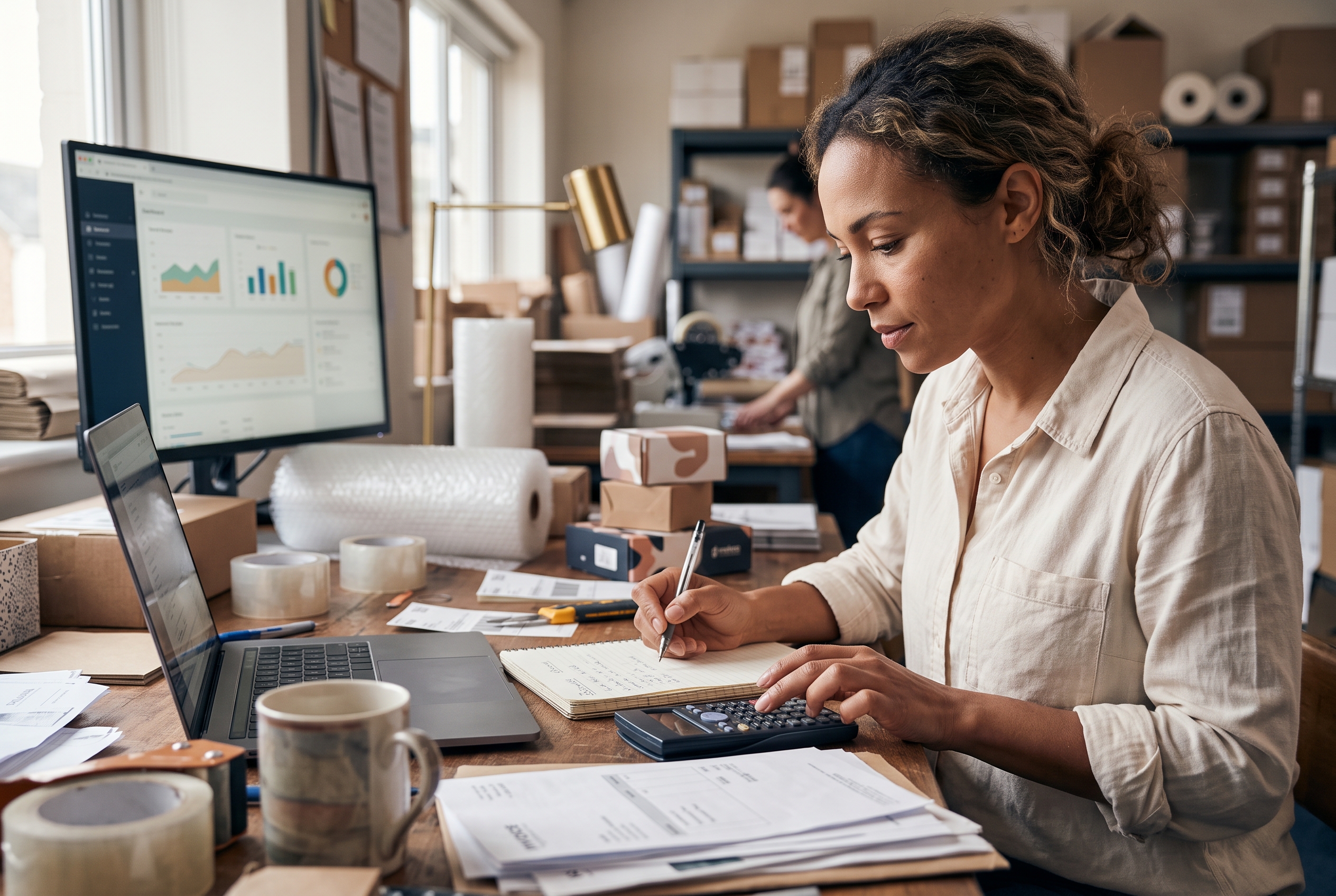 Seller at a cluttered desk using a calculator and notebook to work out per-order payment costs