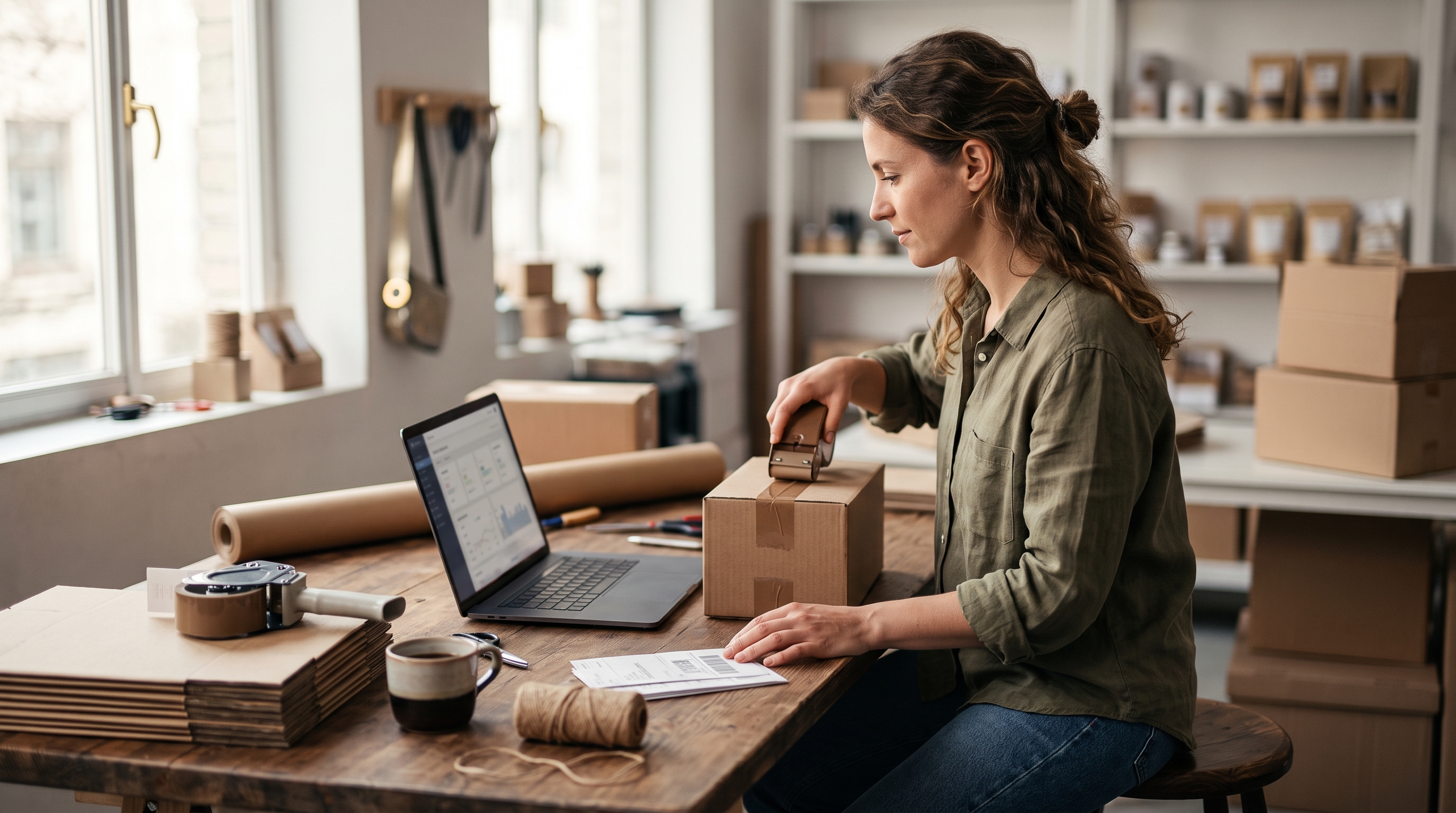 Online store owner packing a parcel at a wooden table while checking a PayPal order on her laptop