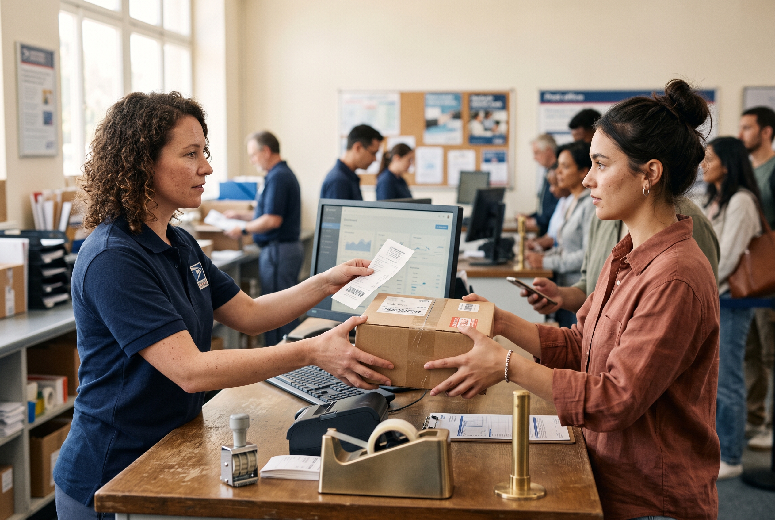 Seller handing a boxed parcel across a post office counter and receiving a stamped tracking receipt