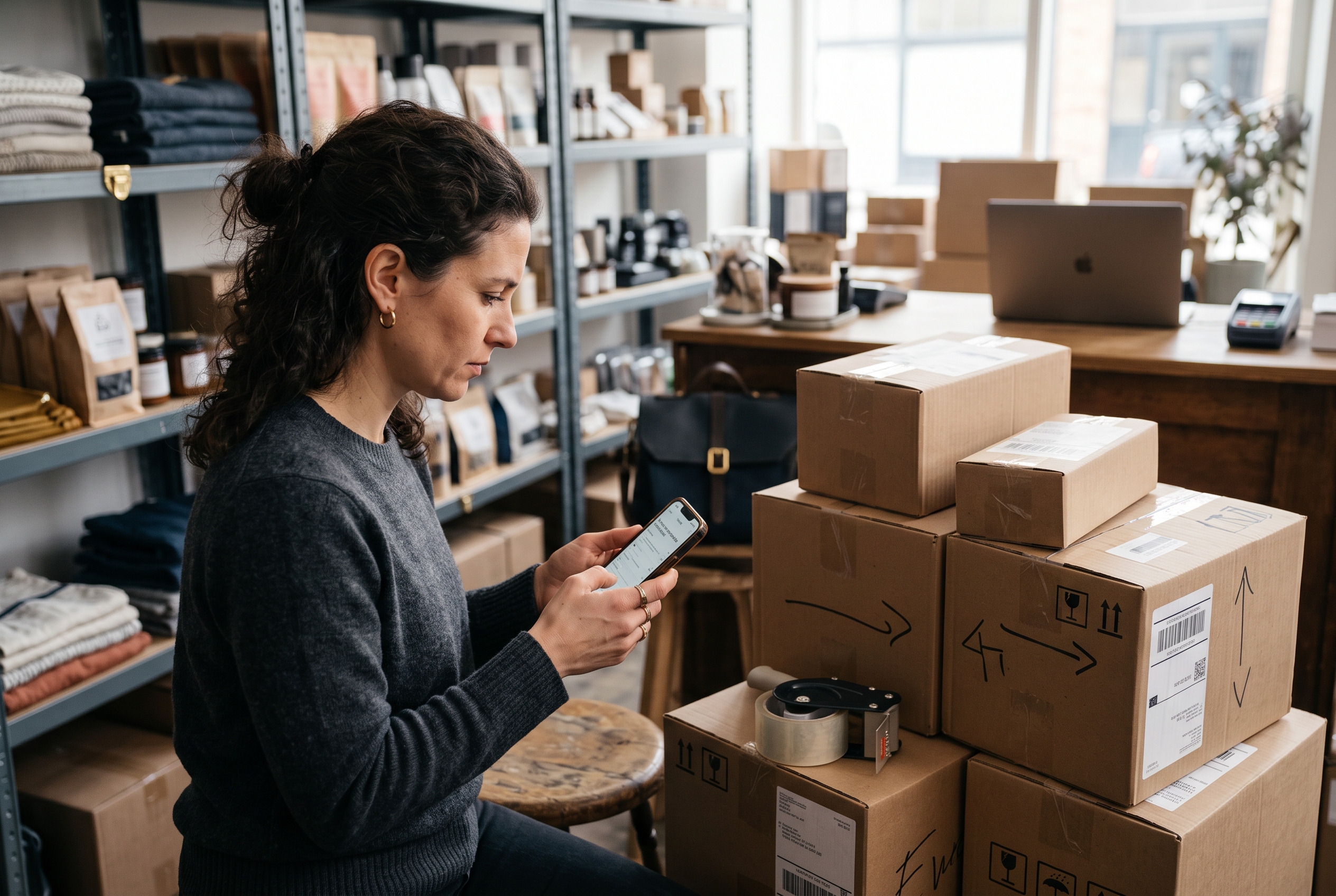 Small shop owner reviewing a dispute notification on her phone beside a stack of labelled shipping boxes